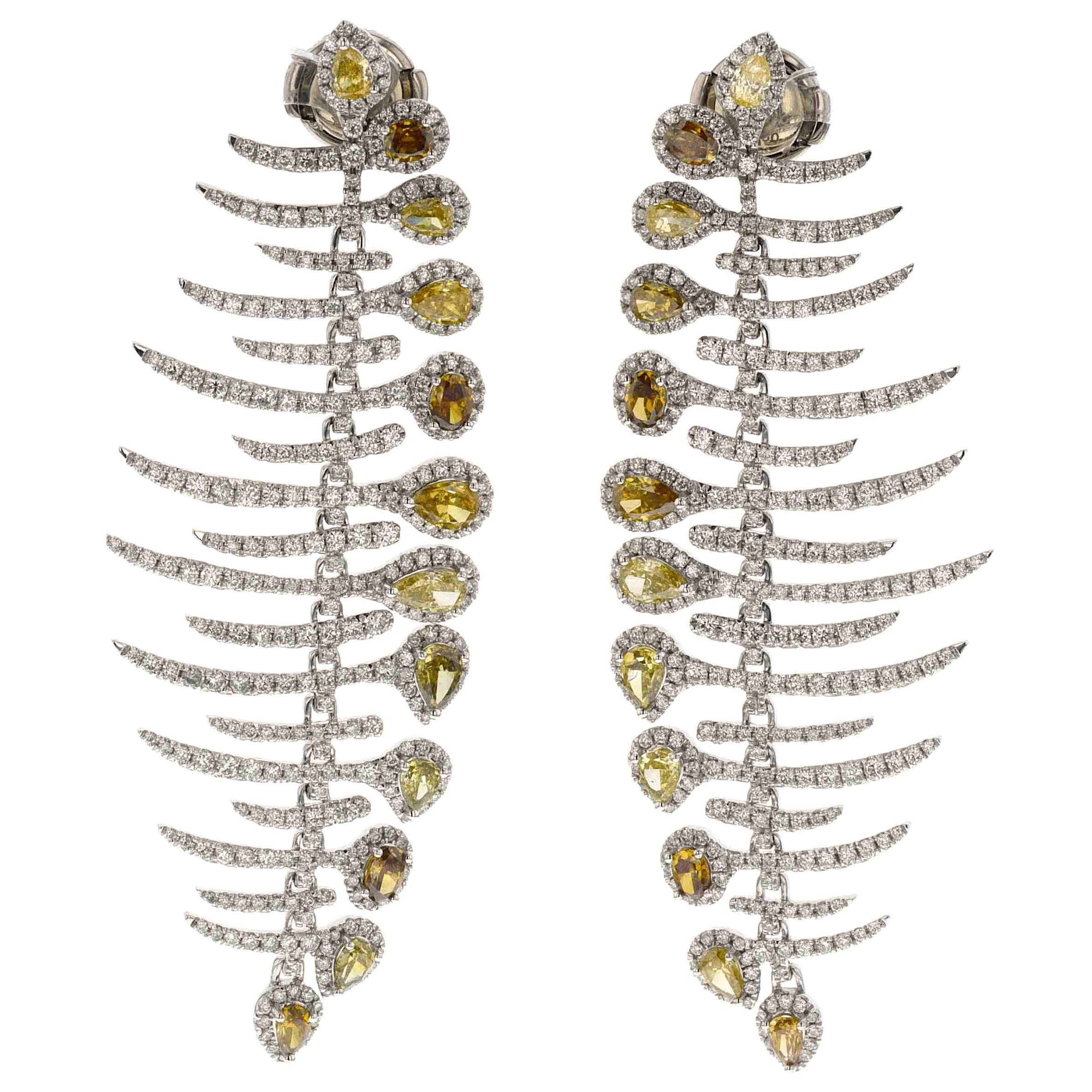 Diamond and Fancy Brown Yellow Diamond Earrings in 18 Karat White Gold For Sale