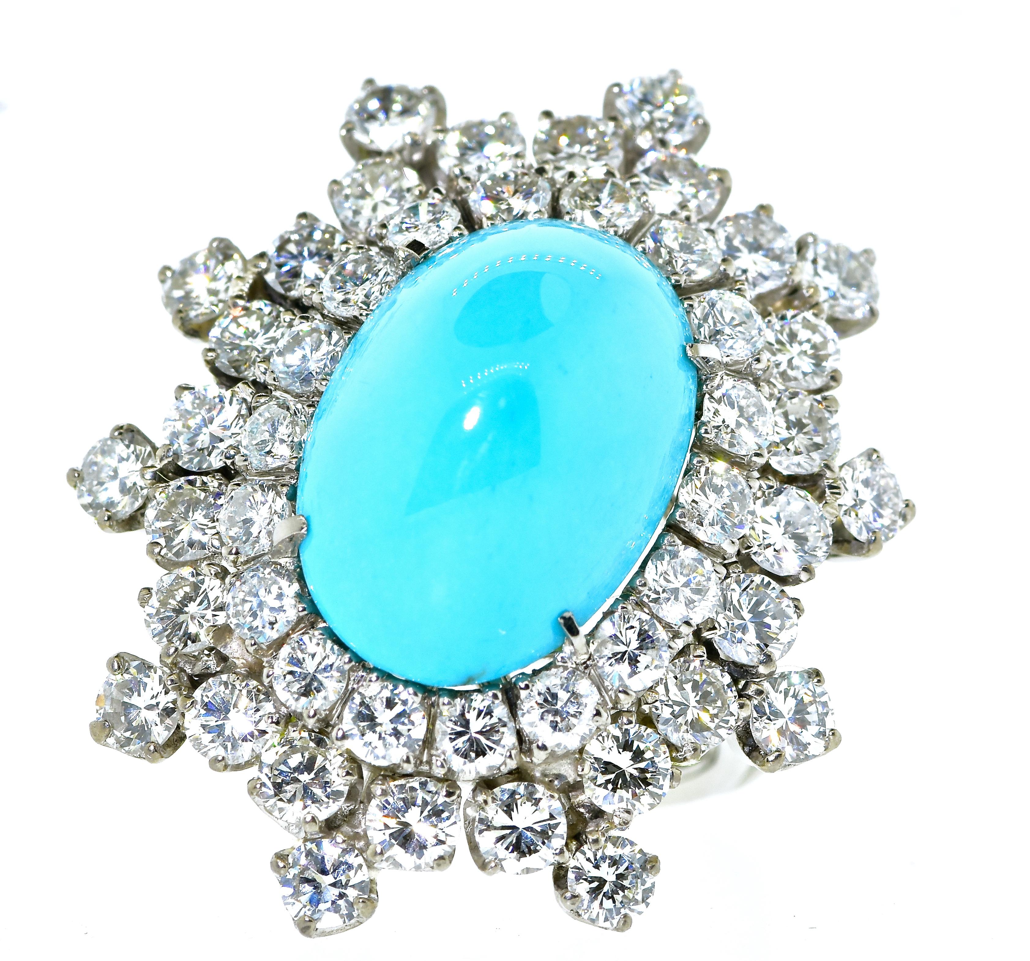 Contemporary Diamond and Fine Turquoise Platinum Ring, 1960's