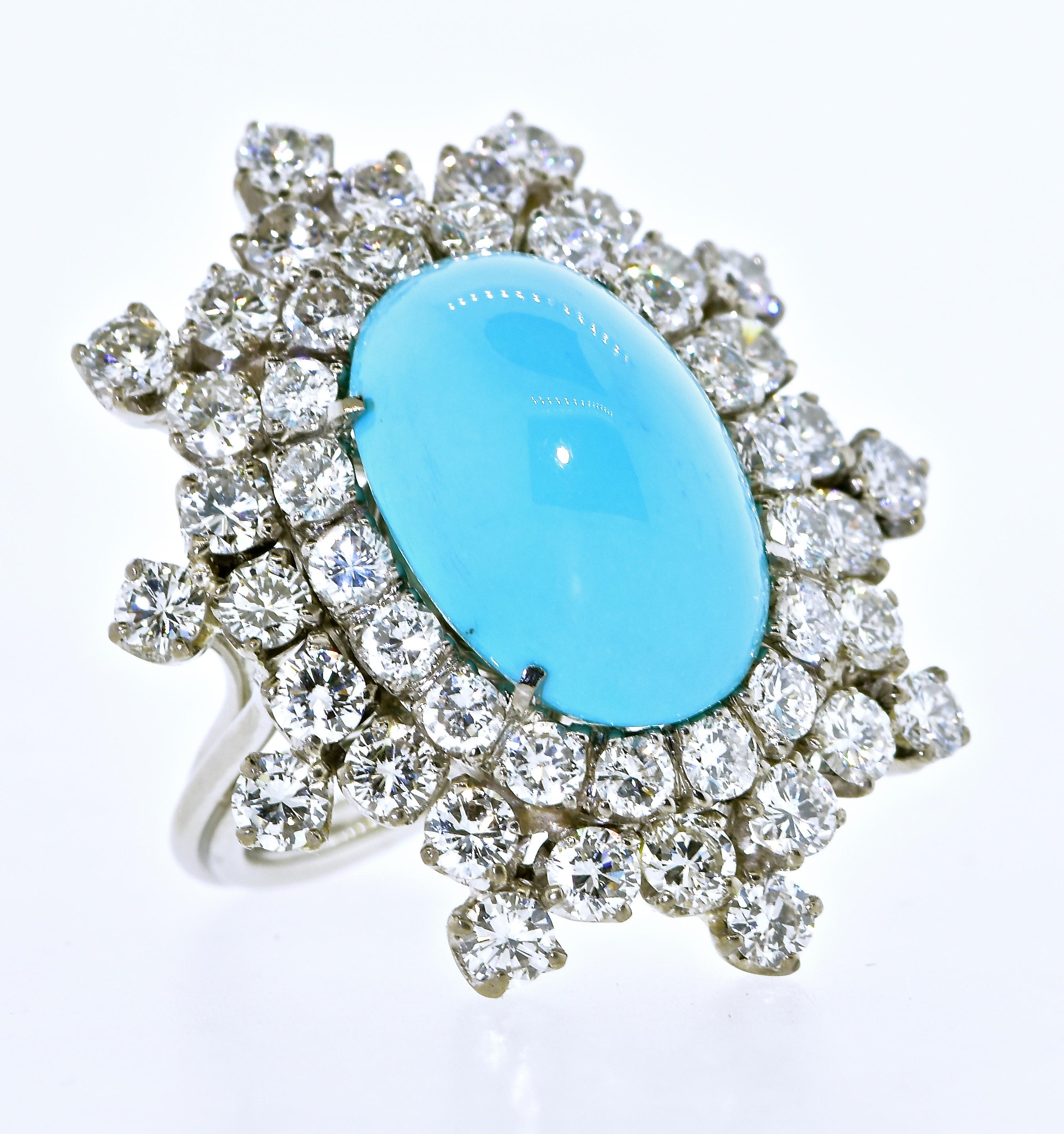 Brilliant Cut Diamond and Fine Turquoise Platinum Ring, 1960's