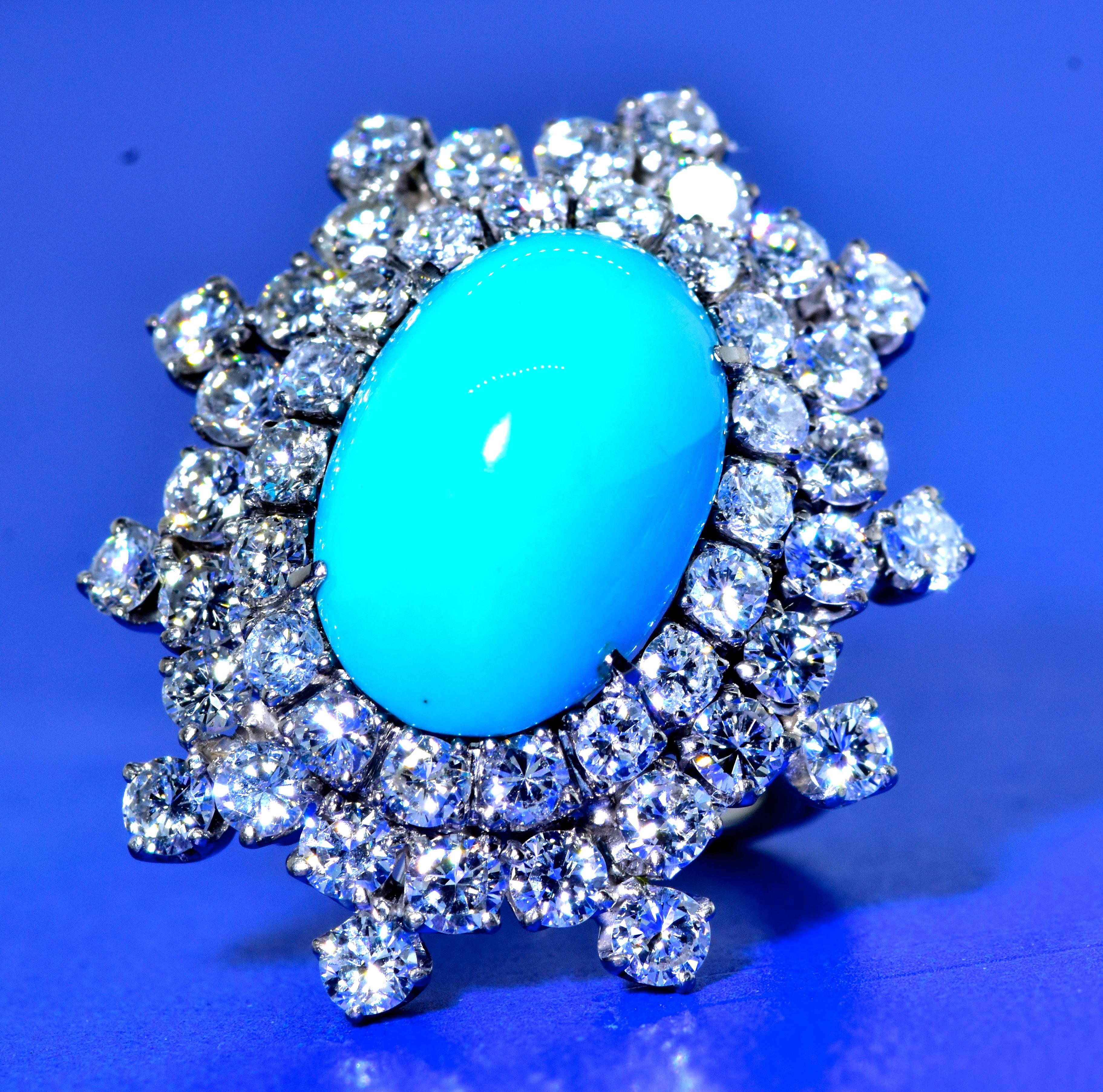 Diamond and Fine Turquoise Platinum Ring, 1960's In Excellent Condition In Aspen, CO