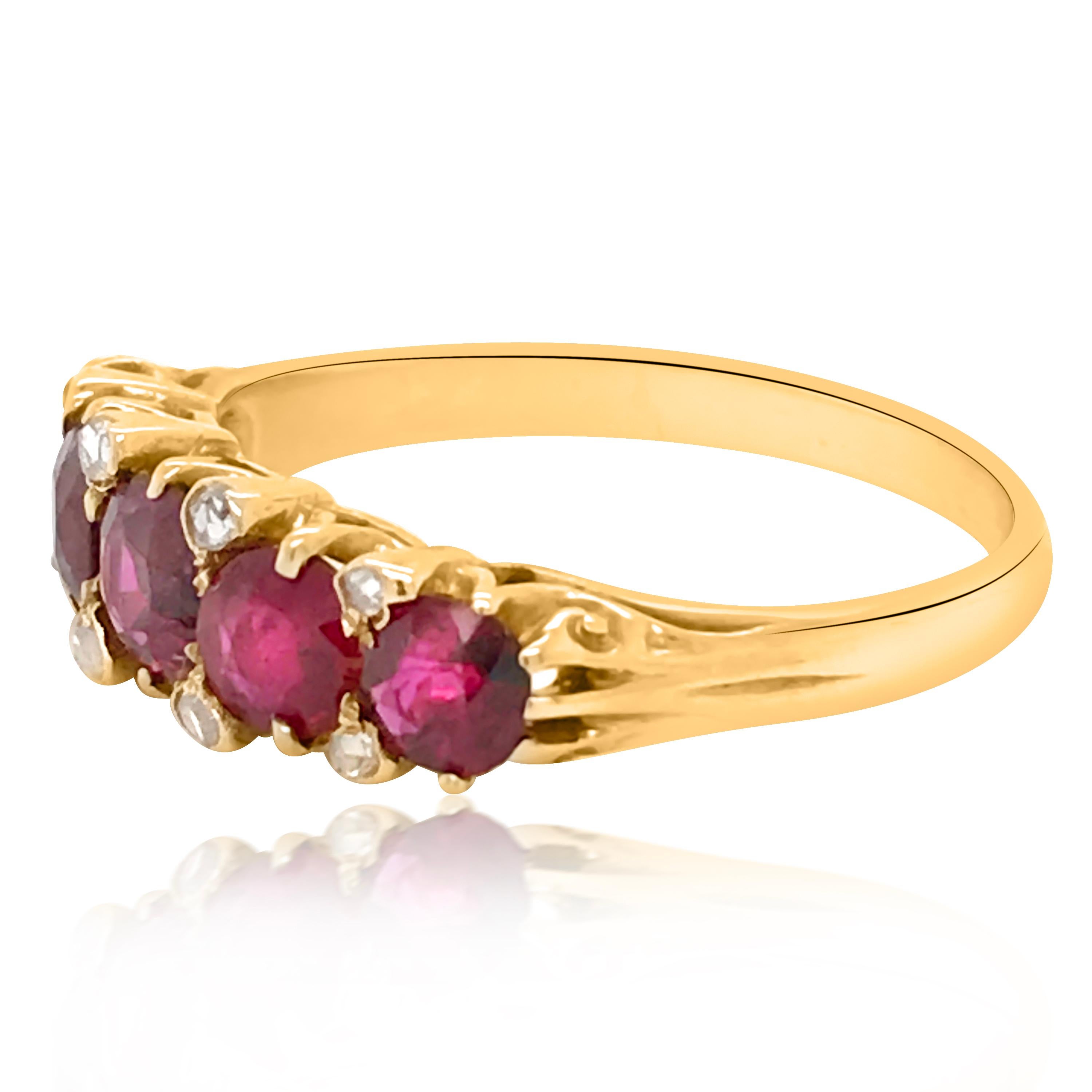 Round Cut Diamond and Five Ruby Gold Ring