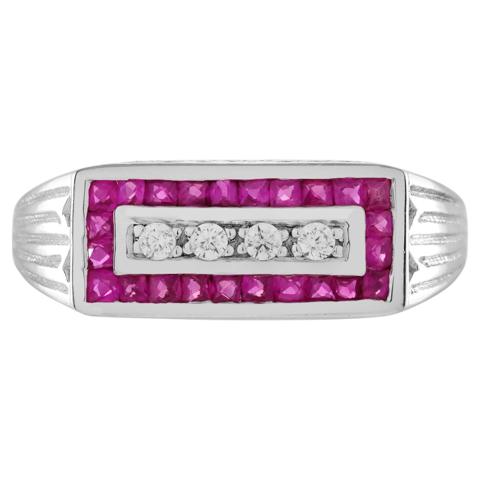 Diamond and French cut Ruby Art Deco Style Band Ring in 14K White Gold