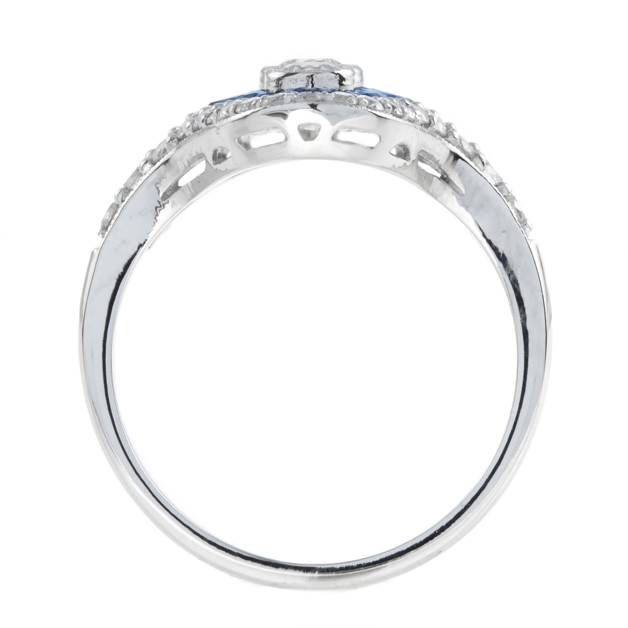 Dreistein-Dinner-Ring mit Diamant und Saphir im französischen Schliff aus 18K Weißgold im Angebot 4
