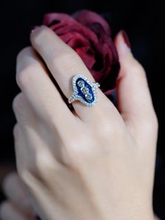 Diamond and French Cut Sapphire Three Stone Dinner Ring in 18K White Gold