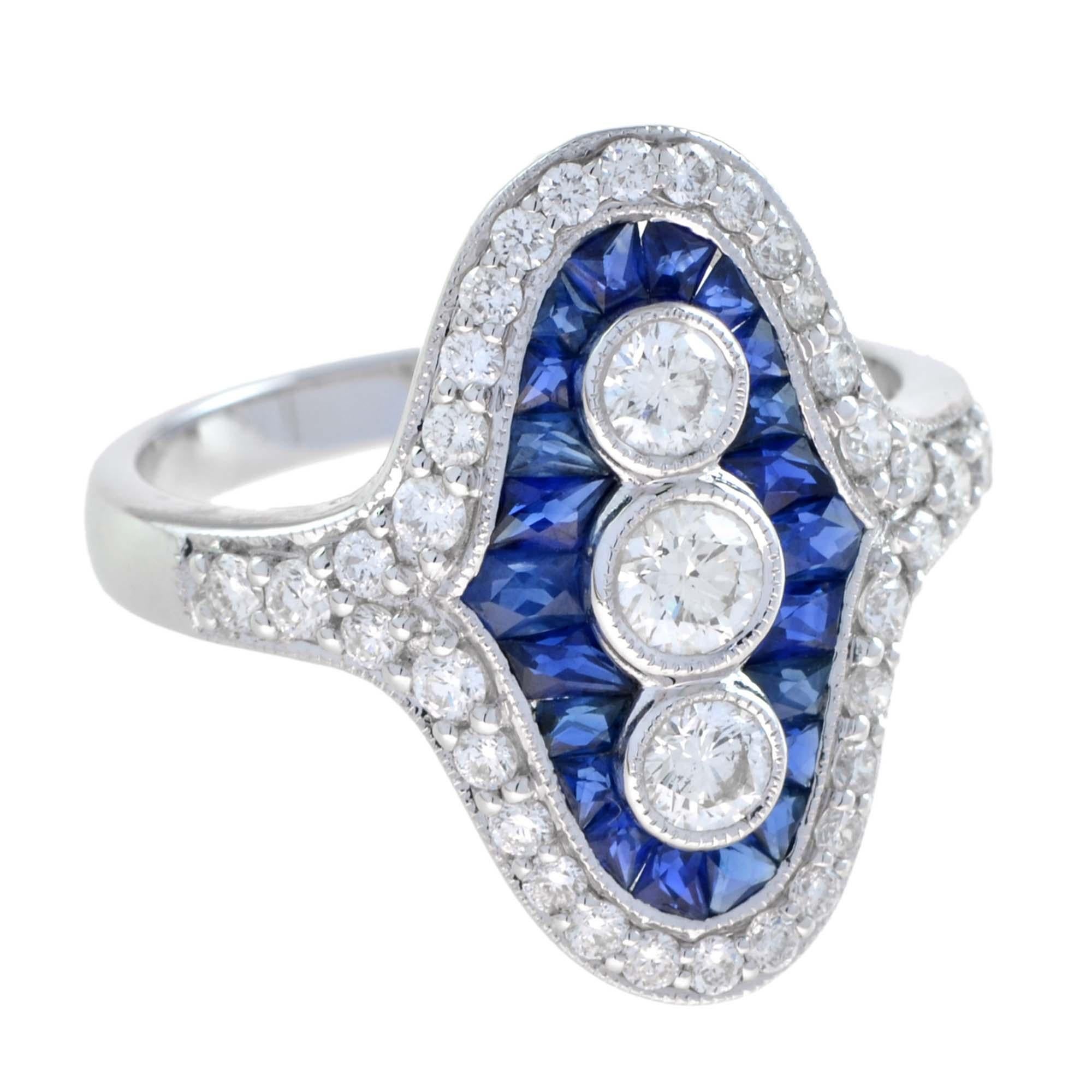 Dreistein-Dinner-Ring mit Diamant und Saphir im französischen Schliff aus 18K Weißgold im Angebot 1