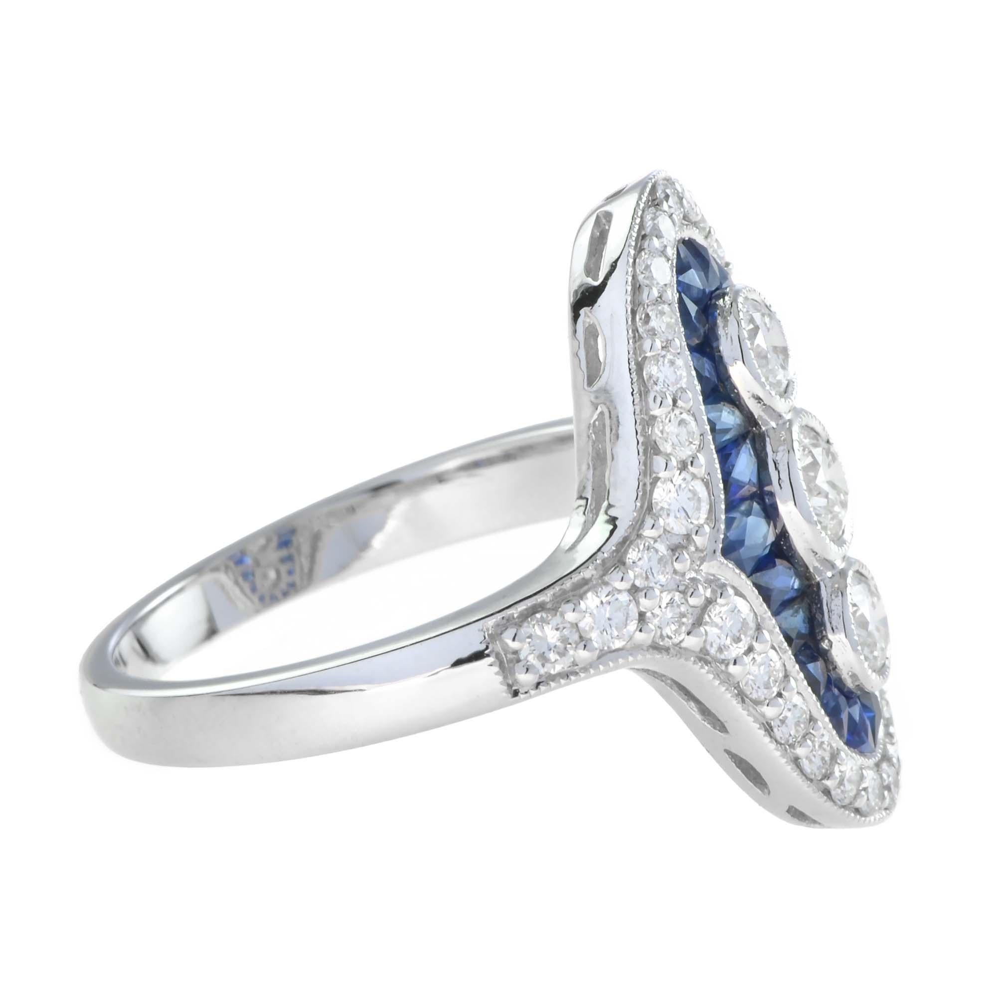 Dreistein-Dinner-Ring mit Diamant und Saphir im französischen Schliff aus 18K Weißgold im Angebot 2