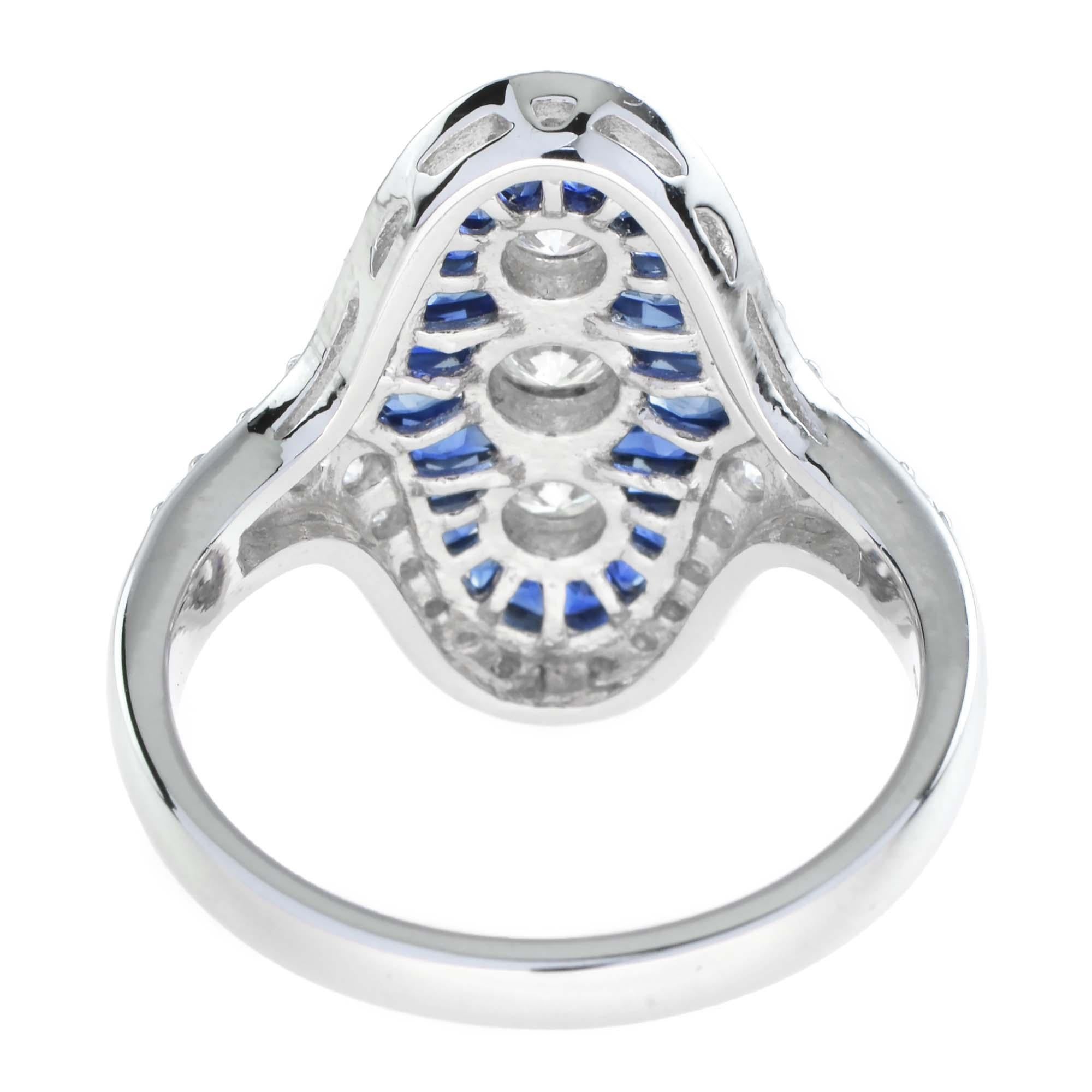 Dreistein-Dinner-Ring mit Diamant und Saphir im französischen Schliff aus 18K Weißgold im Angebot 3
