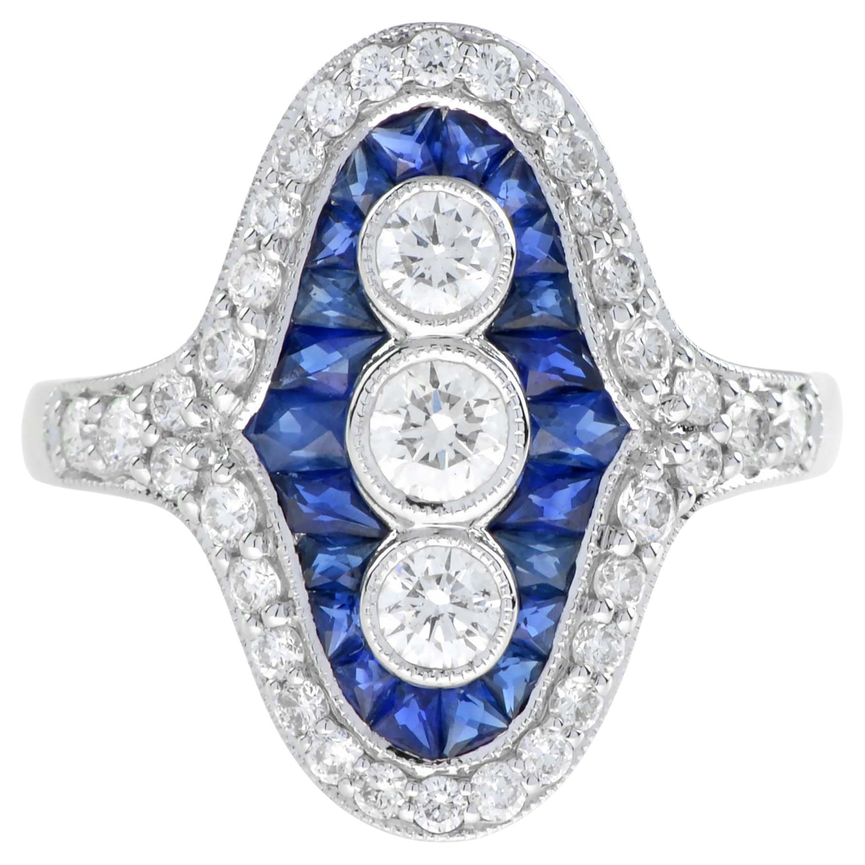 Bague dînatoire à trois pierres en or blanc 18 carats, diamant et saphir taille française