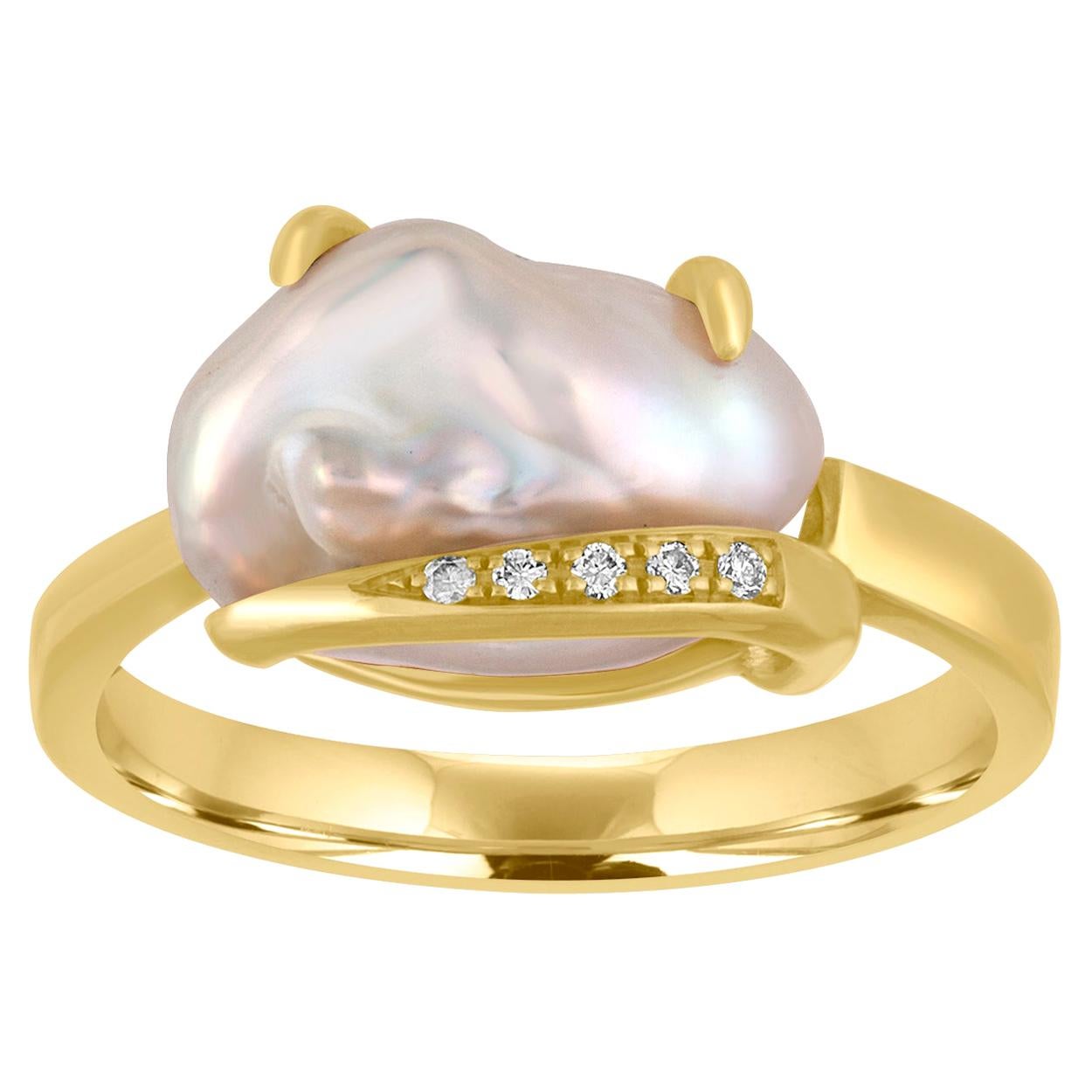 Diamond and Freshwater Cultured Baroque Pearl Gold Ring For Sale