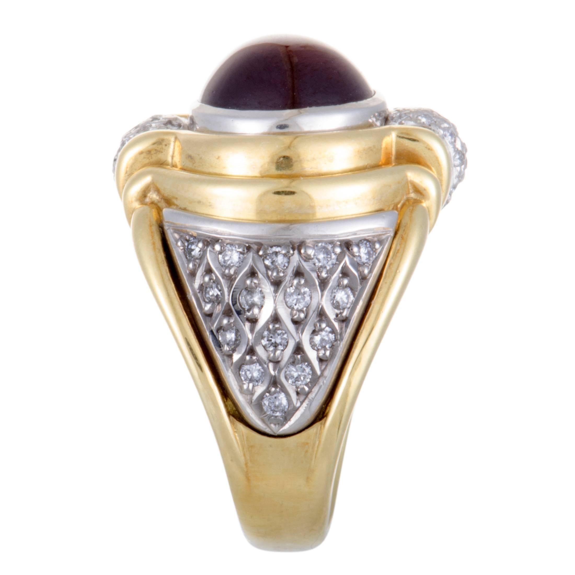 Diamond and Garnet Cabochon Yellow Gold and Platinum Ring In Excellent Condition In Southampton, PA