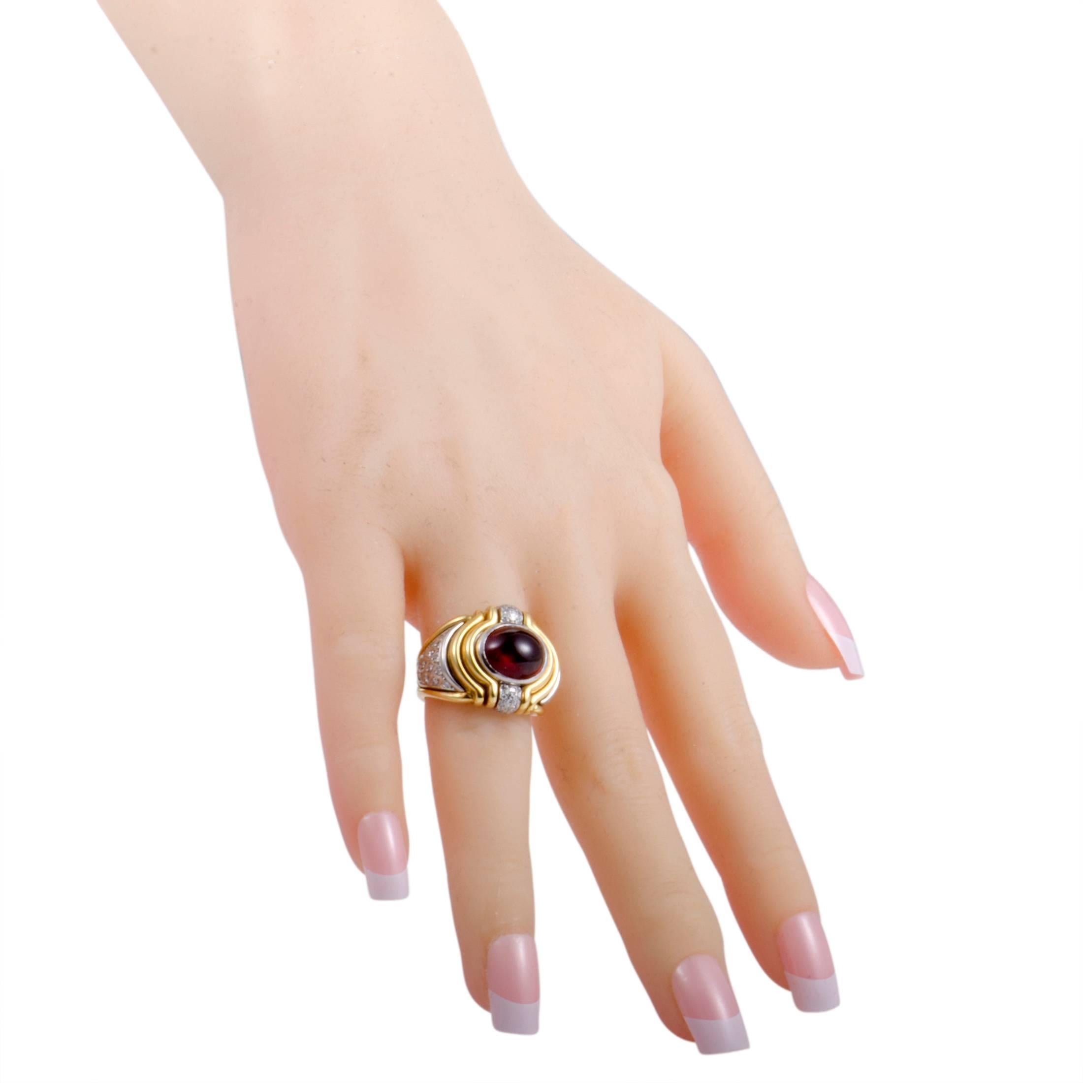 Women's Diamond and Garnet Cabochon Yellow Gold and Platinum Ring