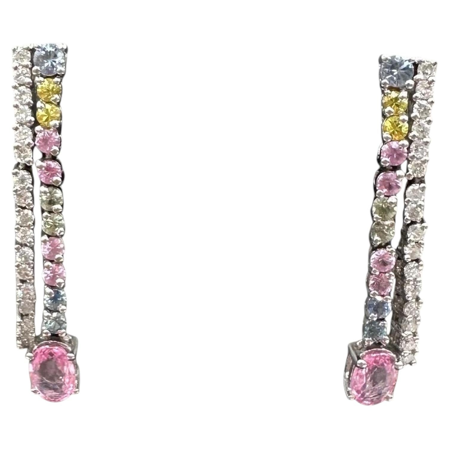 Diamond and Gemstone Drop Earrings in 14kt White Gold – 0.16ctw For Sale