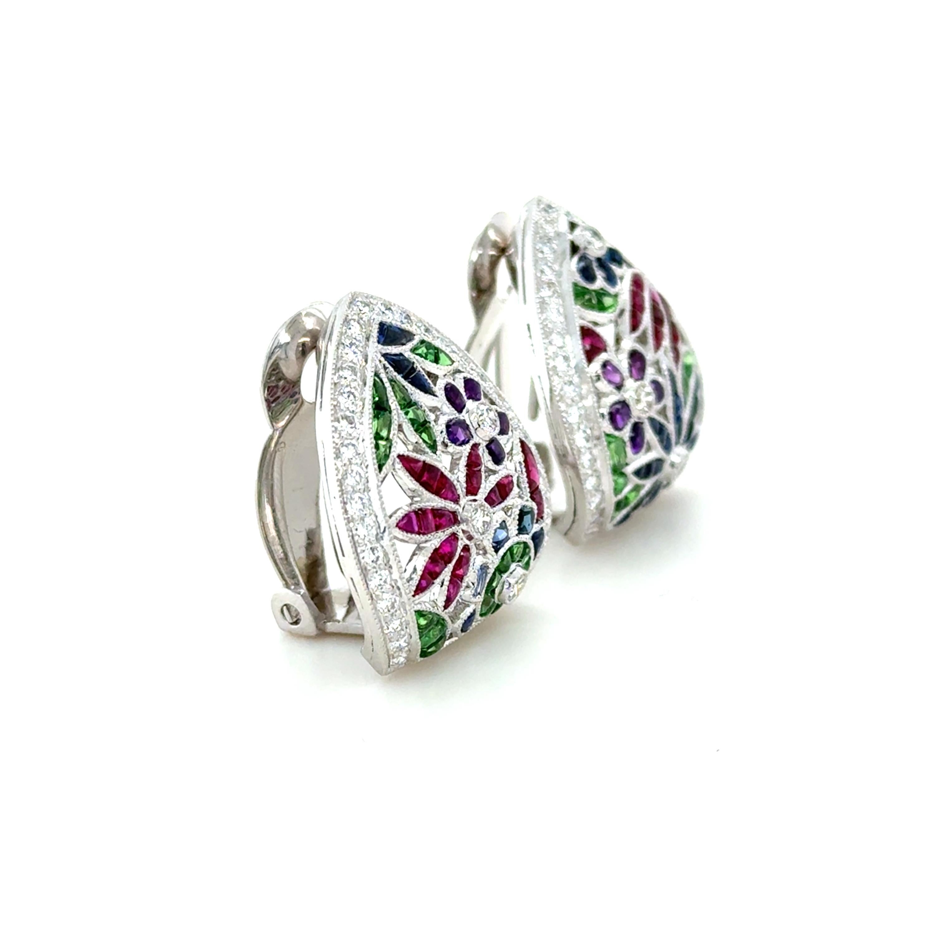 Diamond and Gemstone Flower Earrings in vendita 1