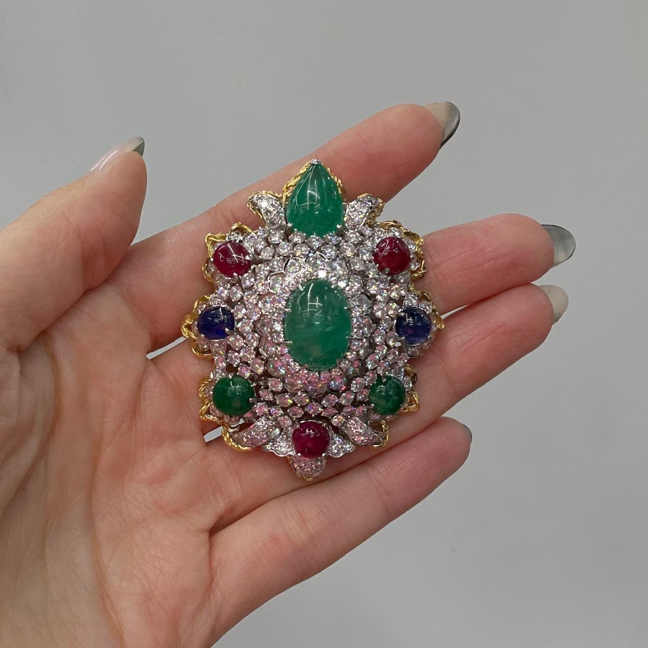 Women's or Men's Diamond And Gemstones Heraldic Brooch from 1970's For Sale