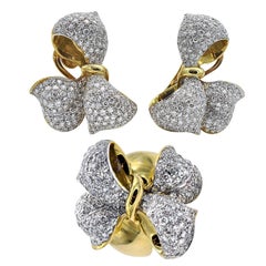 Vintage Diamond and Gold Bow Earrings and Ring Set