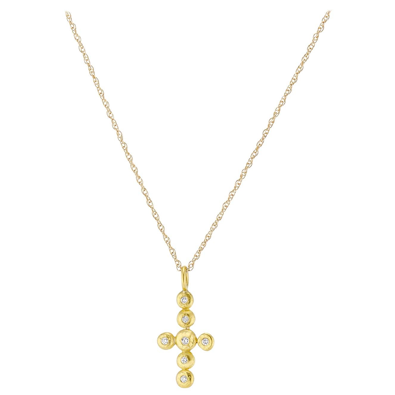 Diamond and Yellow Gold Cross, Seven Textured Disks, Charm Pendant Necklace