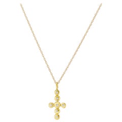 Diamond and Yellow Gold Cross, Seven Textured Disks, Charm Pendant Necklace