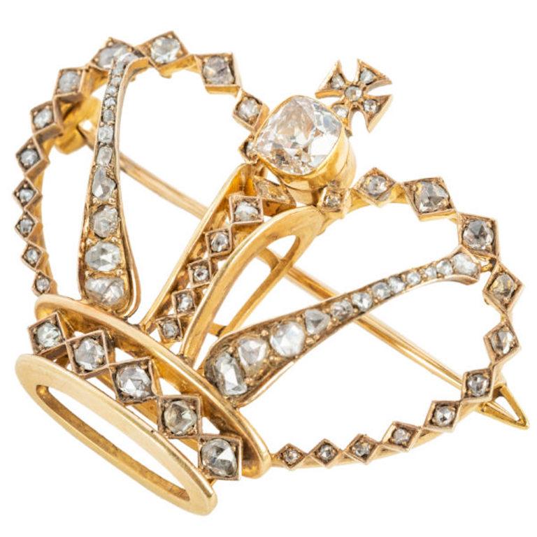 Antique Cushion Cut Diamond and Gold Crown Pin, 19th Century For Sale