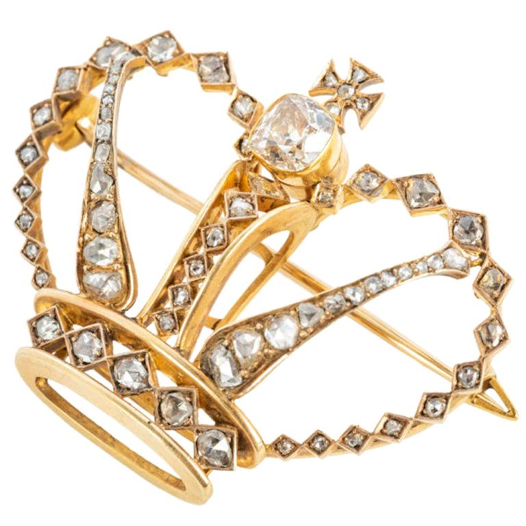 Diamond and Gold Crown Pin, 19th Century For Sale