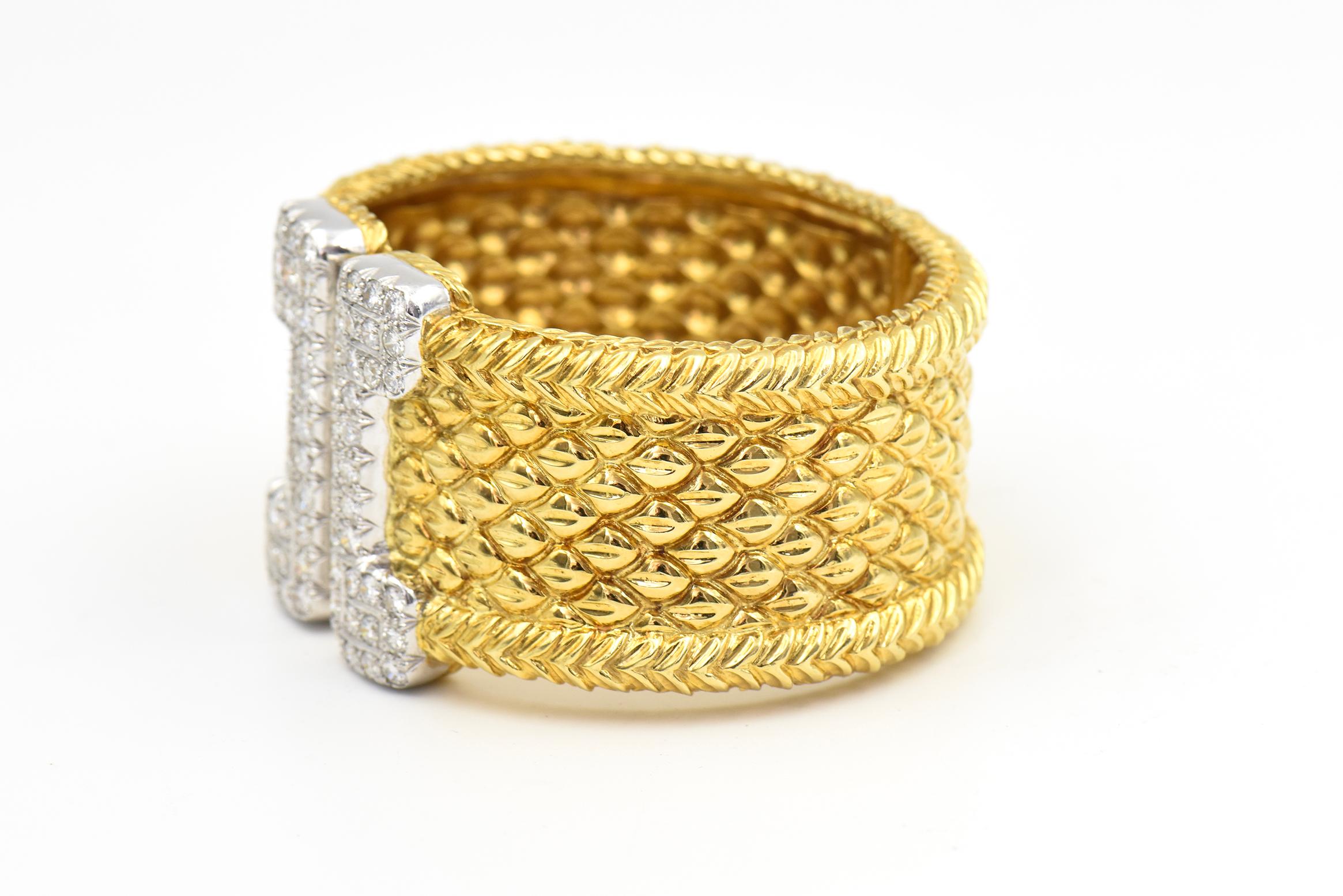 Round Cut Diamond and Gold Cuff Bracelet For Sale