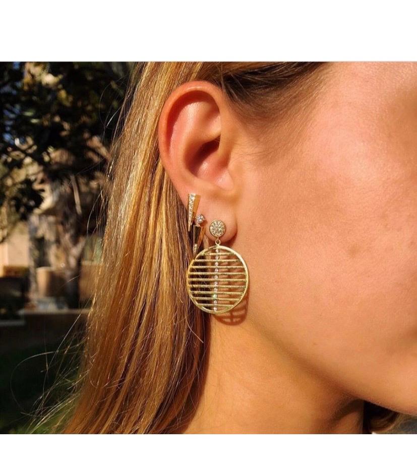 18K Solid Yellow Gold and Diamond Earrings. The Earring drop measures 1 1/8-in. in diameter.
These are made of recycled Gold and conflict-free Diamonds. These were made in Los Angeles,
CA.  They have White Diamond pave, 0.21 Carats and 10 Verticle