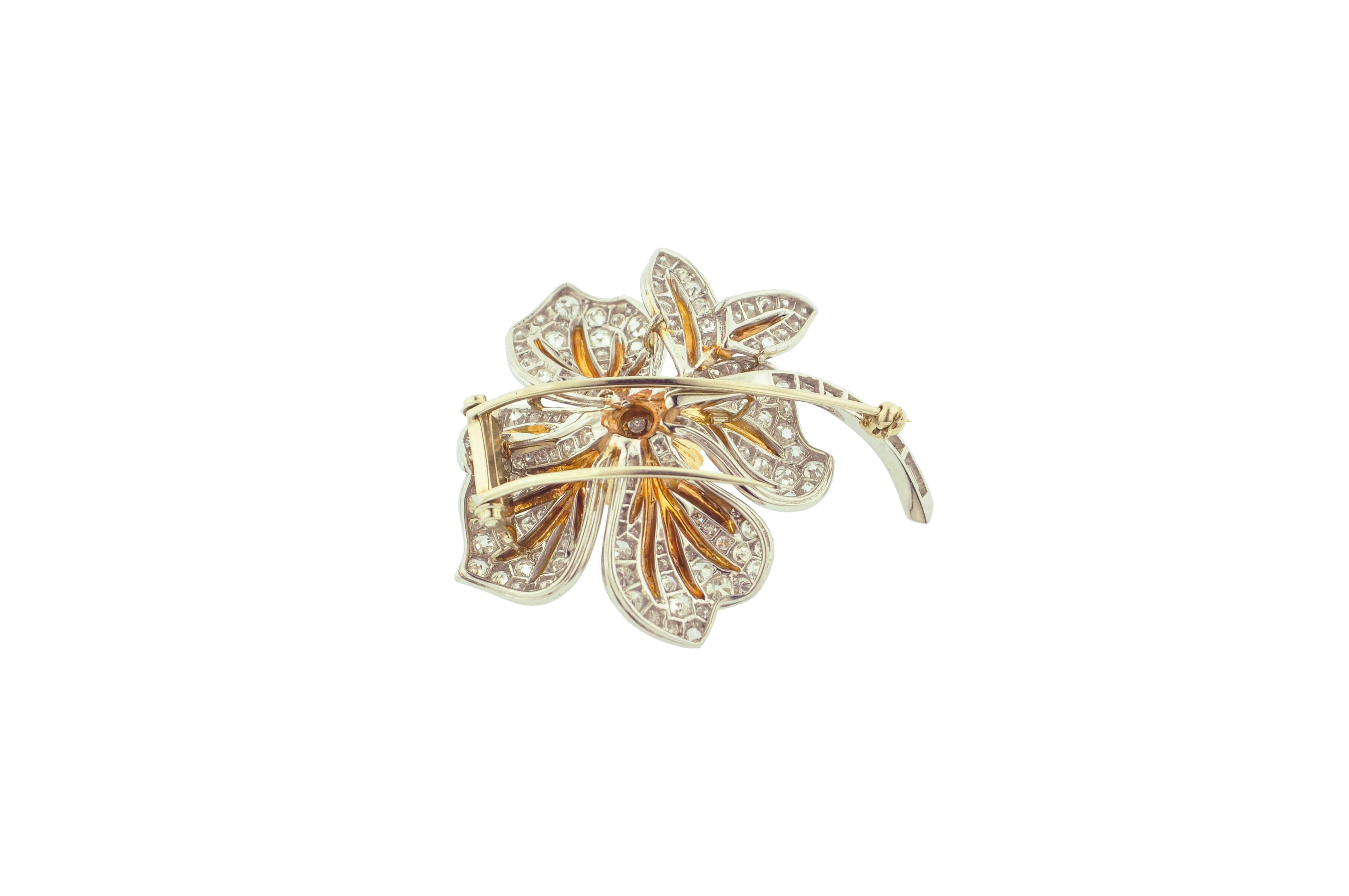 Women's or Men's Diamond and Gold Flower Brooch For Sale