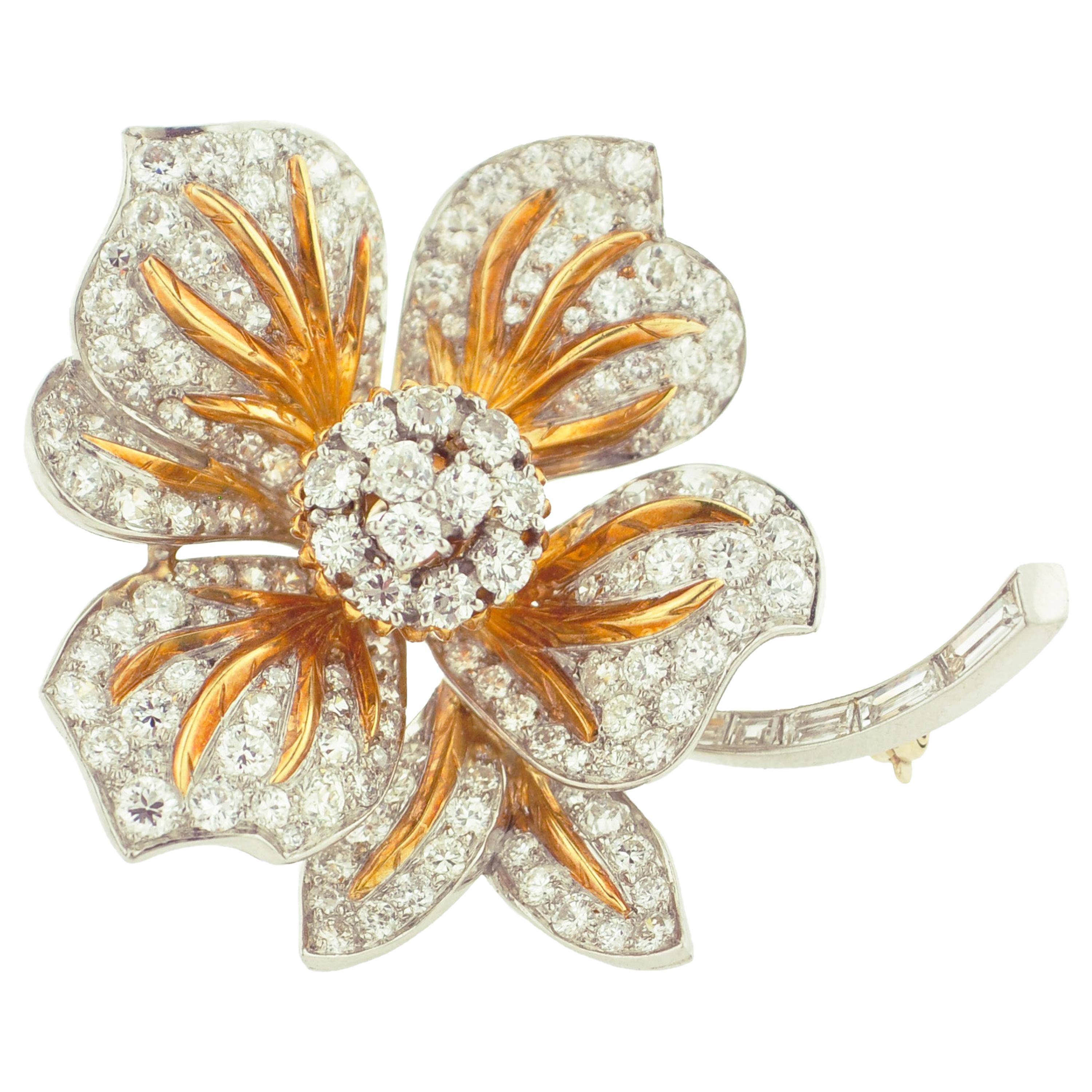 Diamond and Gold Flower Brooch For Sale