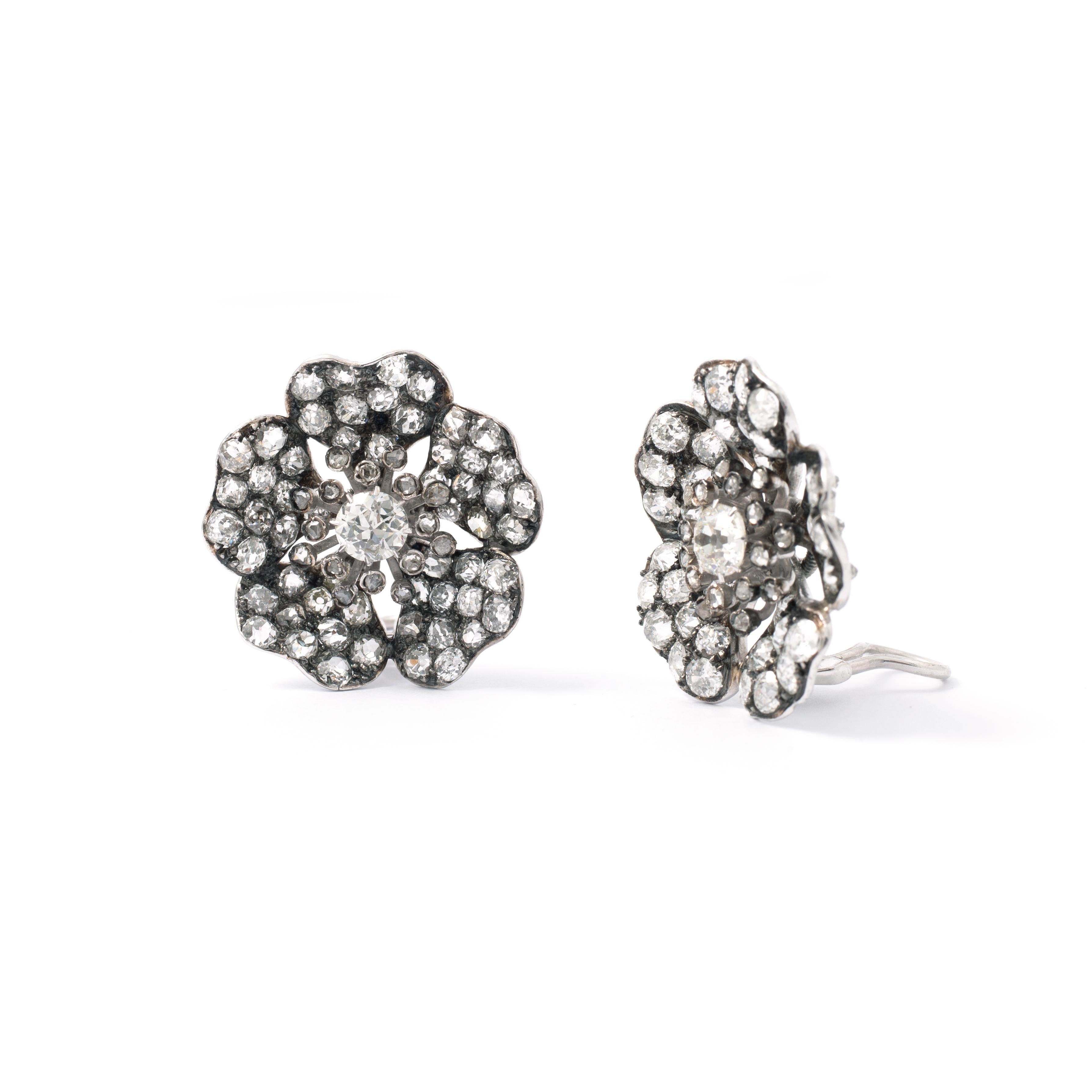 Realistic Old Mine Diamond and white Gold Flower Earclips.