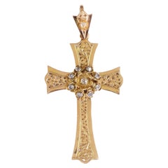 Diamond and Gold French Cross, Christian Cross Pendant, Rose-Cut Diamonds