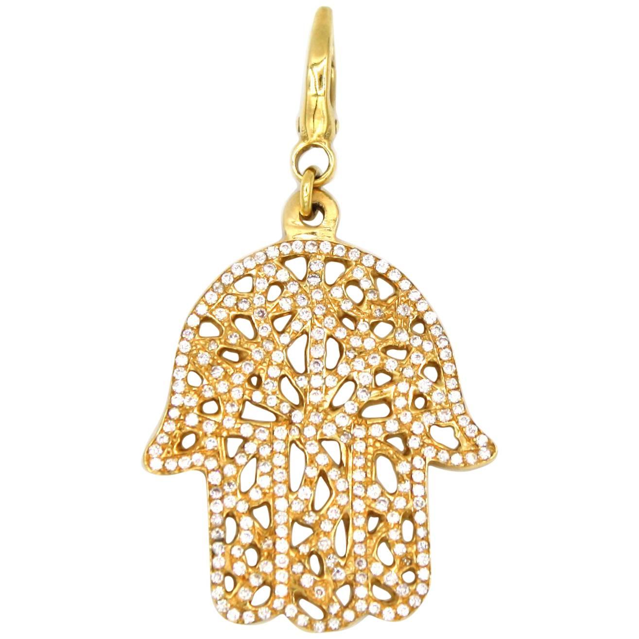 Diamond and Gold Hamsa Pendant For Sale