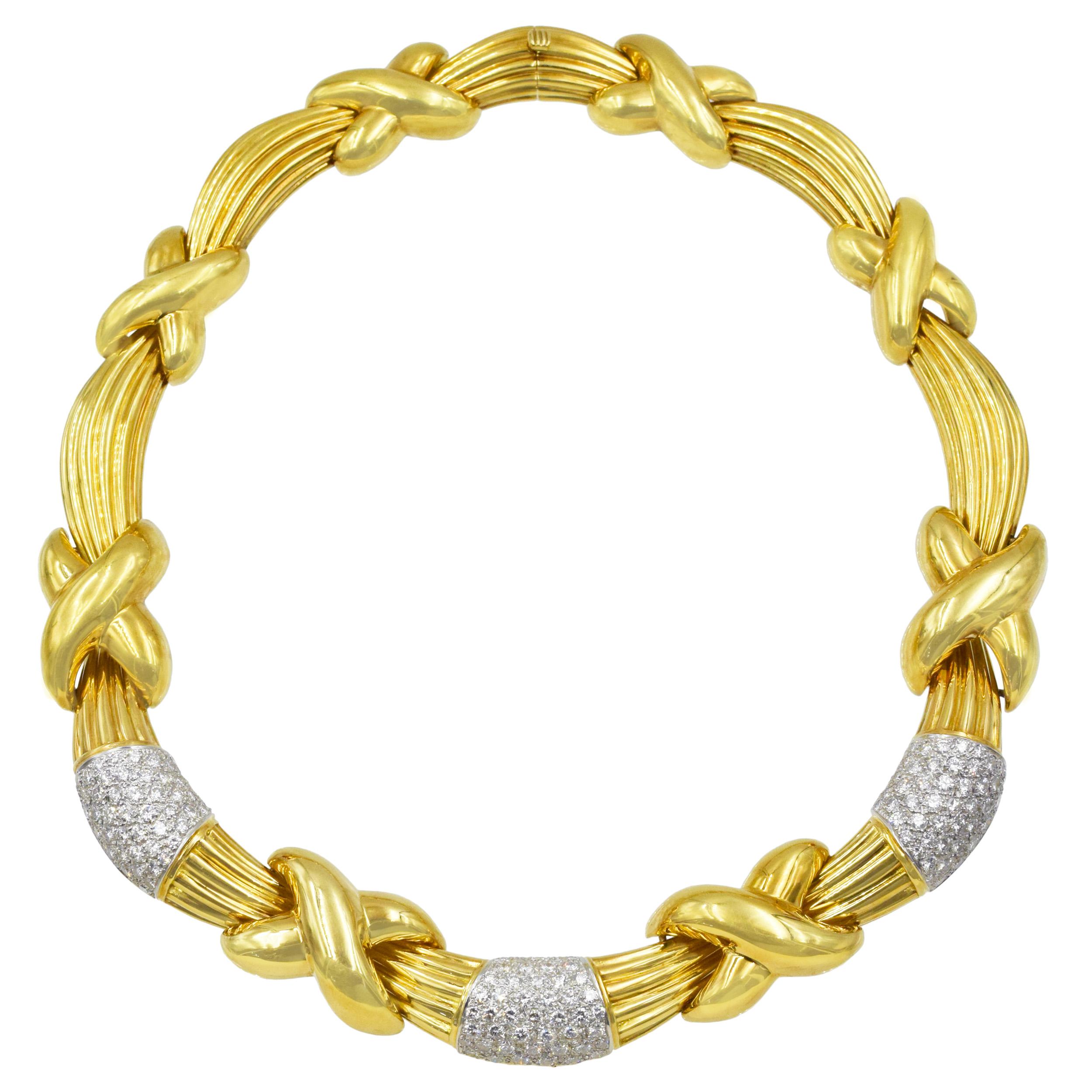 Two-Color Gold and Diamond Necklace
This necklace has 159 round diamonds weighing approx 10 cts. (Color: G-I, Clarity VS) set in 18k gold, Length 15 inches Width: 0.5-0.75 inches.  Weight: 223 grams
