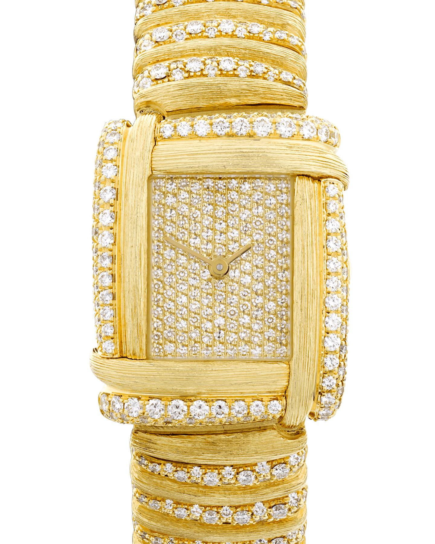 Acclaimed American jeweler and goldsmith Henry Dunay crafted this exquisite diamond-encrusted quartz wristwatch. The intricate 18K yellow gold links feature Dunay's iconic Sabi motif, a technique that requires the utmost precision and skill to