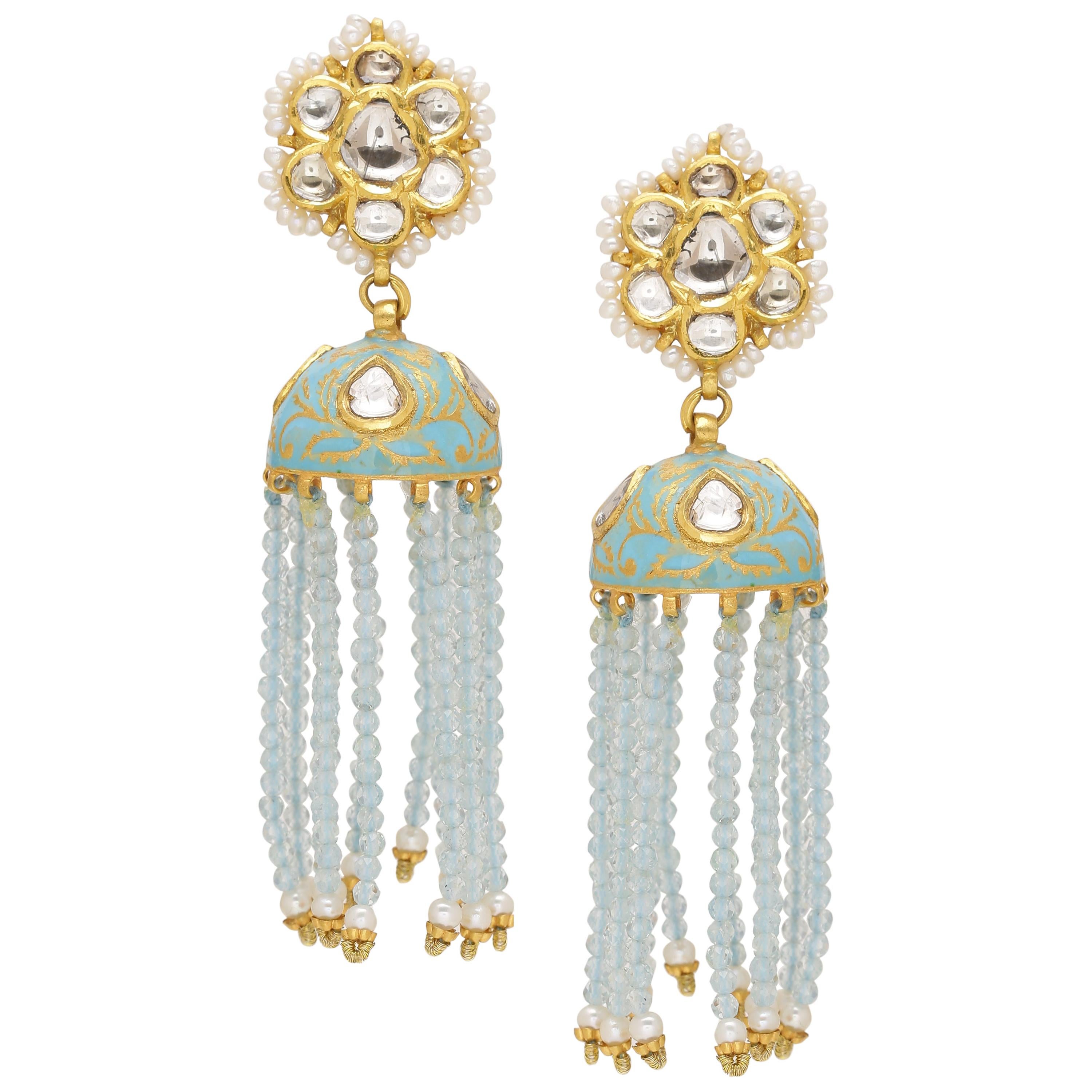 Diamond and Gold with Aquamarine and Pearl Beads Handcrafted Enamel