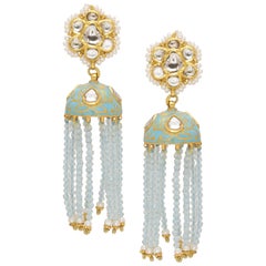 Diamond and Gold with Aquamarine and Pearl Beads Handcrafted Enamel Earrings