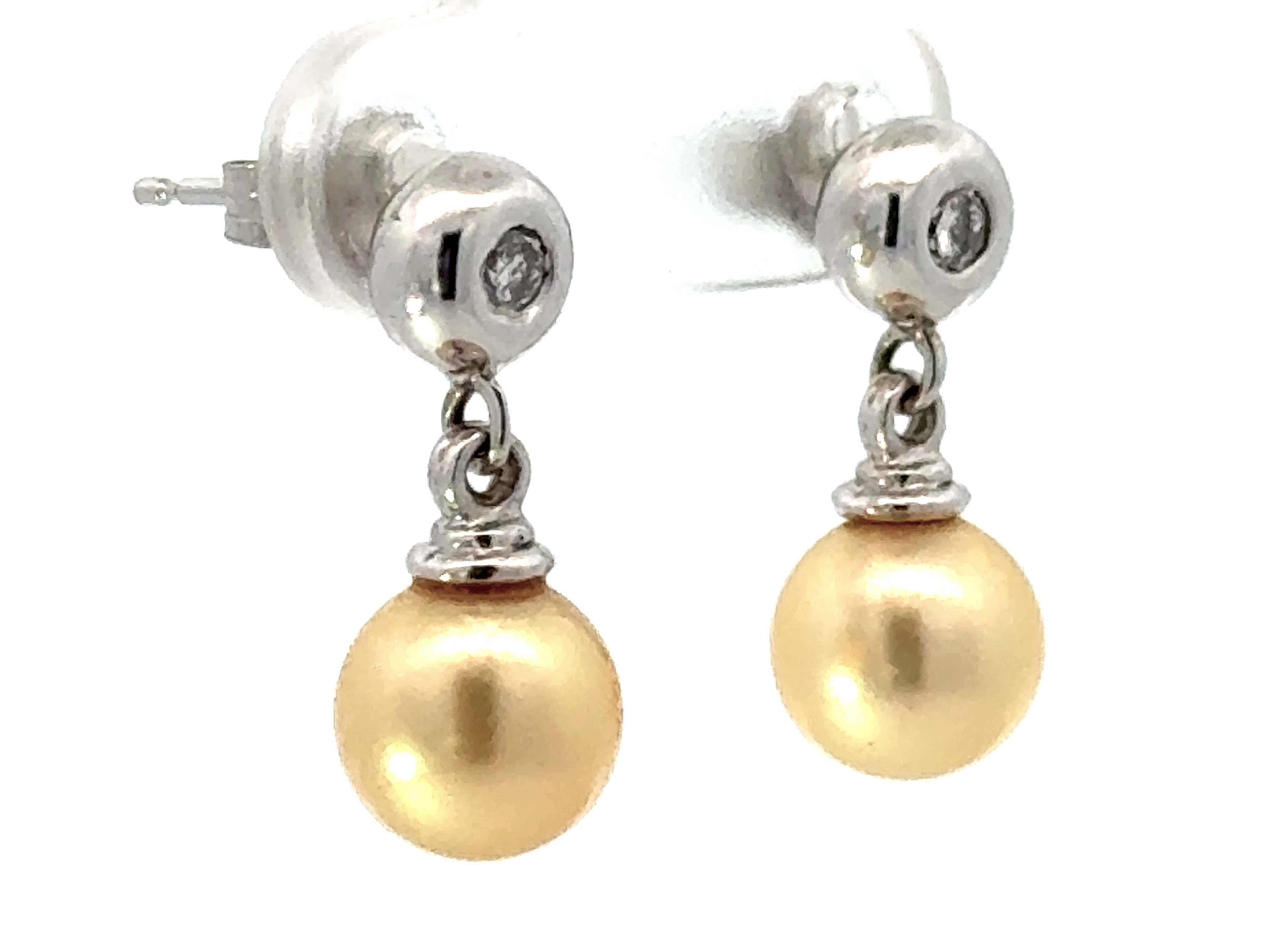 Modern Diamond and Golden Pearl Drop Earrings 14K White Gold For Sale