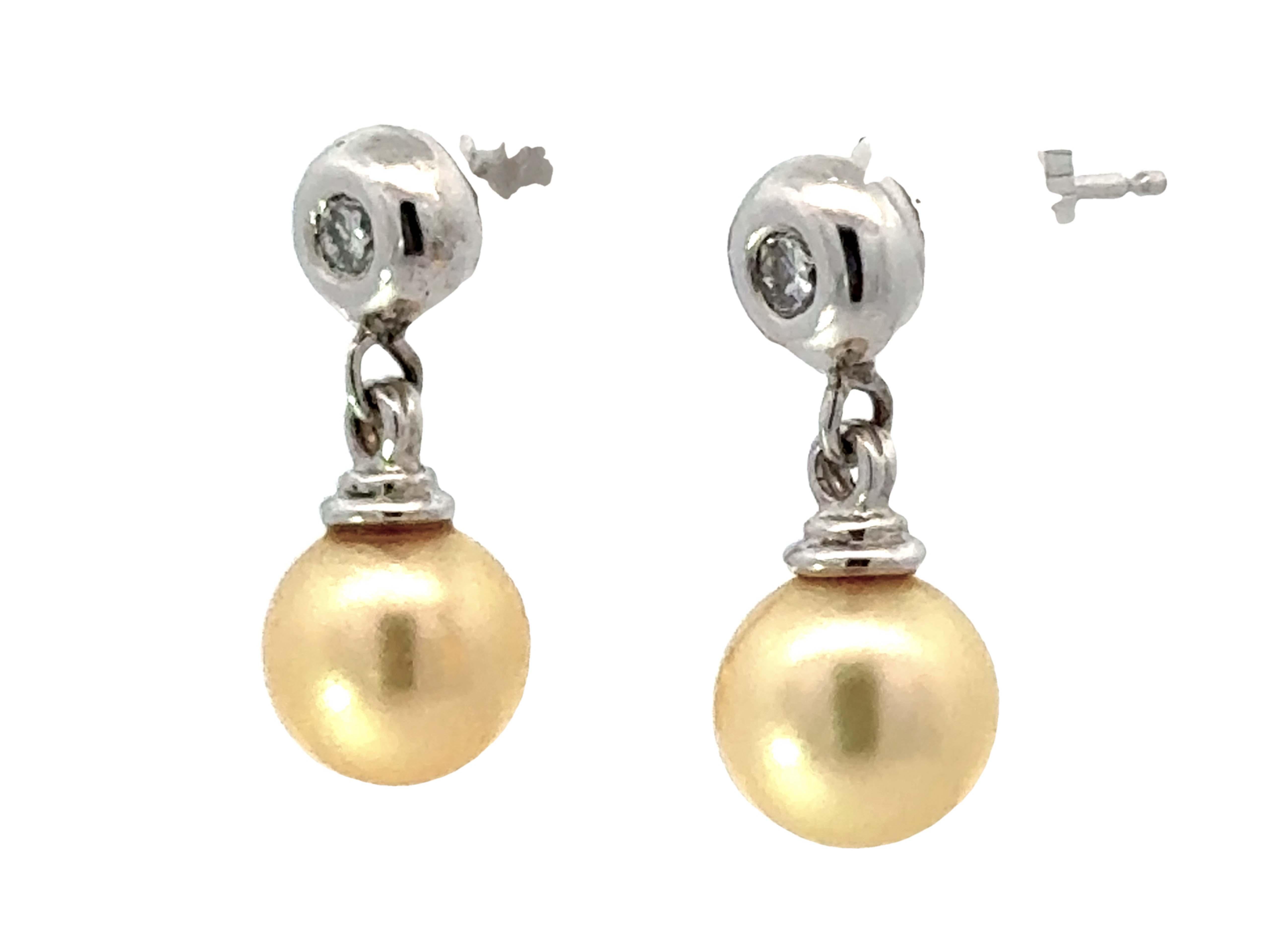 Brilliant Cut Diamond and Golden Pearl Drop Earrings 14K White Gold For Sale
