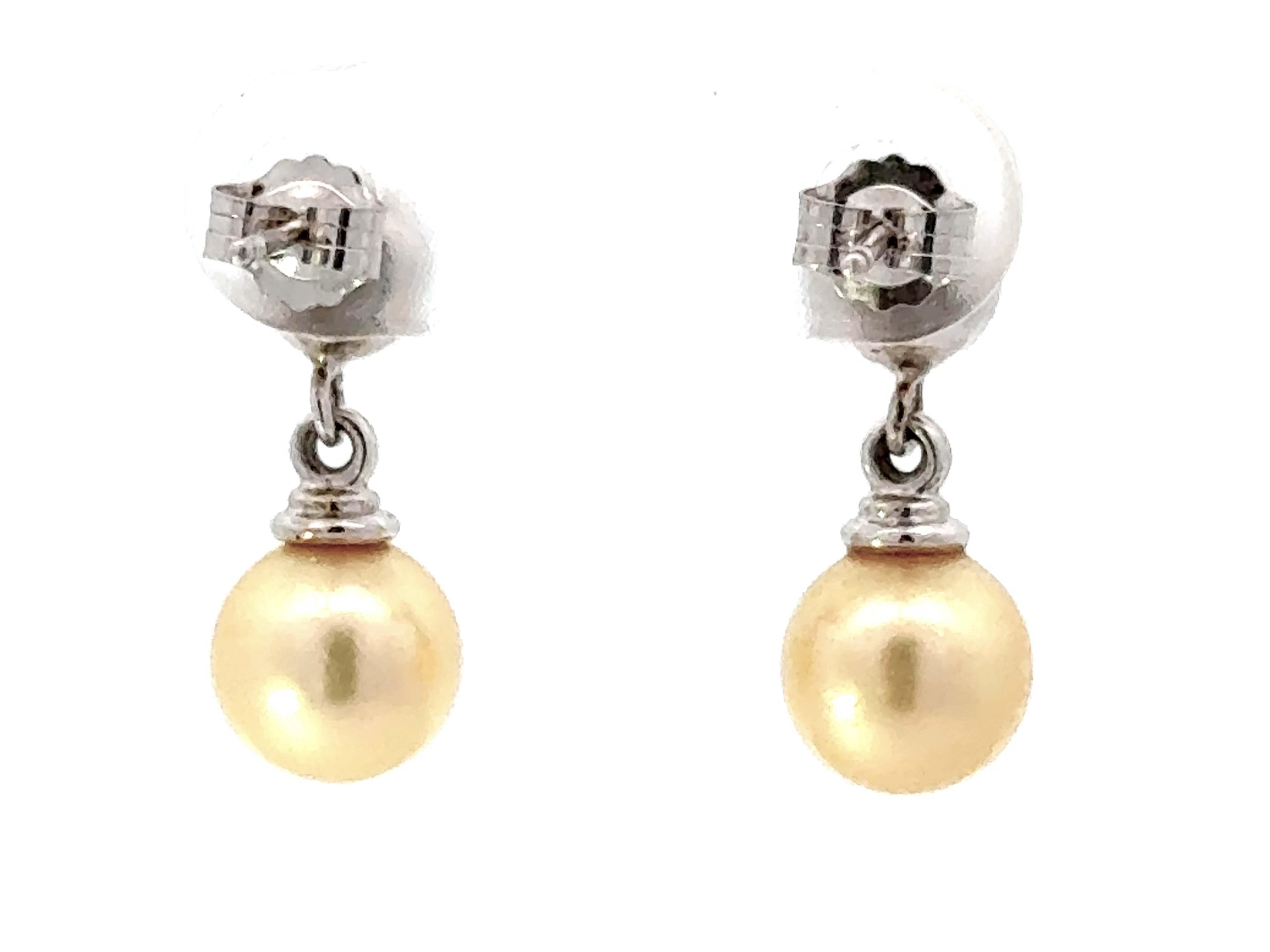 Diamond and Golden Pearl Drop Earrings 14K White Gold For Sale 1
