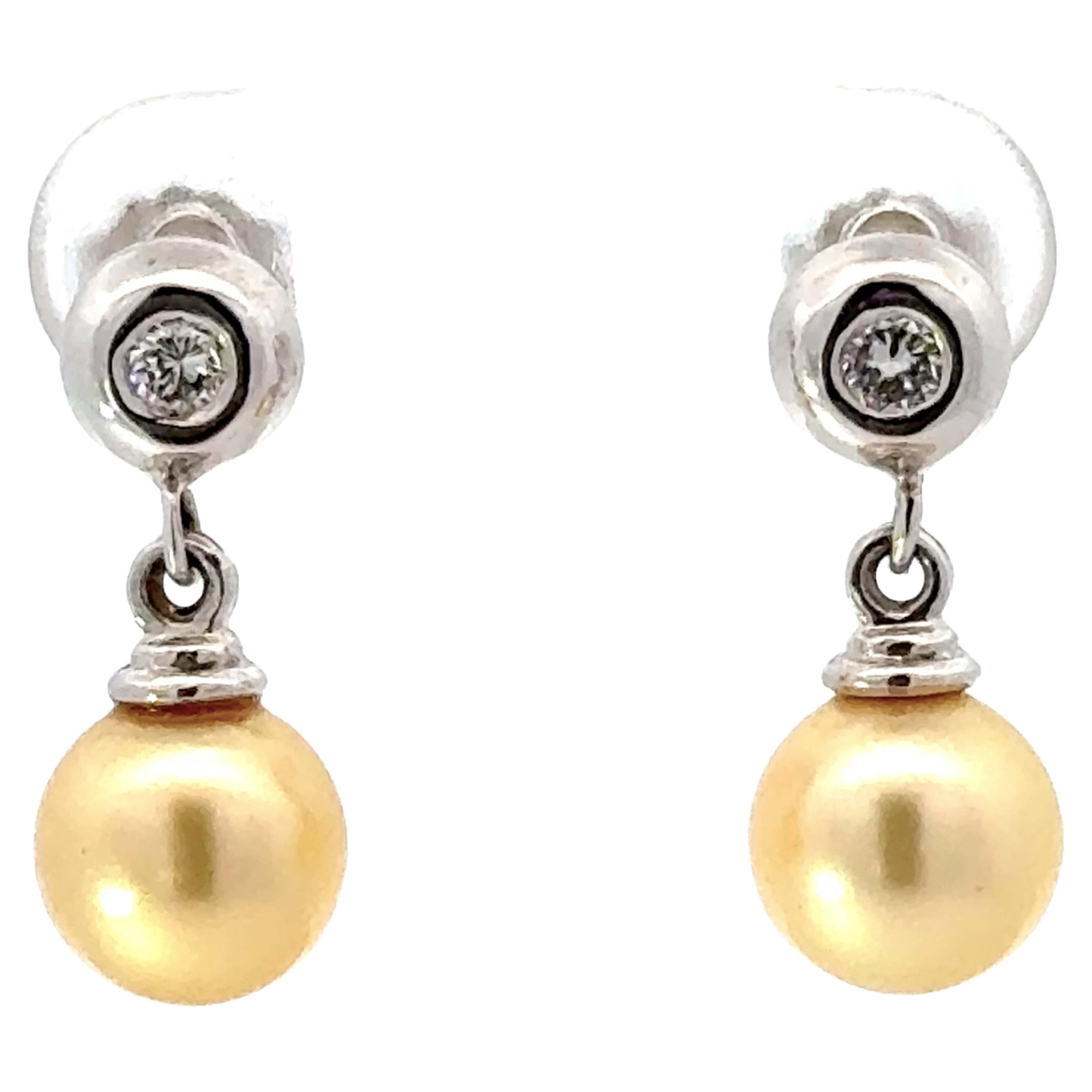 Diamond and Golden Pearl Drop Earrings 14K White Gold For Sale
