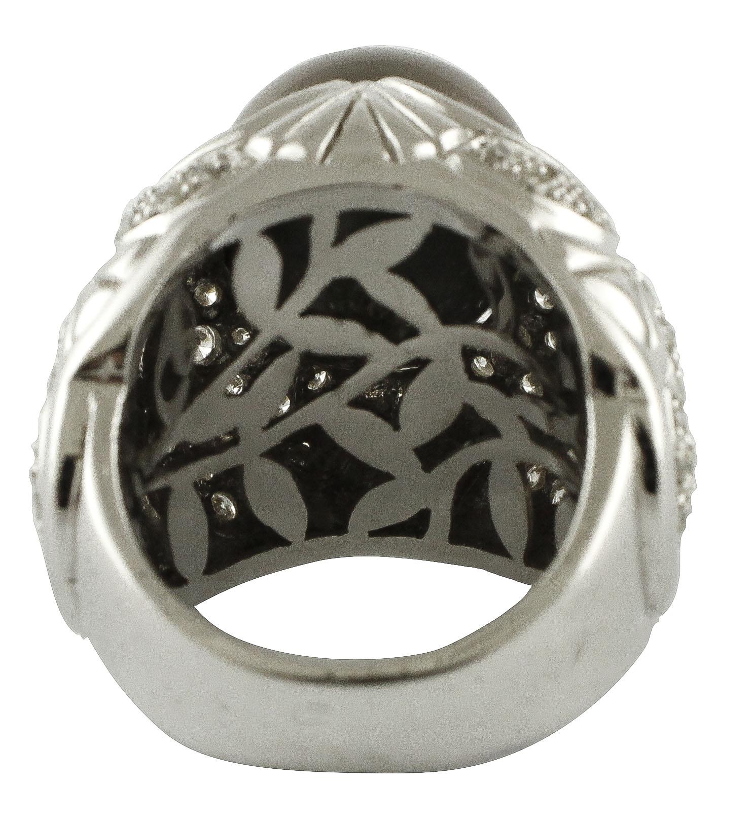 Retro Grey Pearl, Diamonds, 14 Karat White Gold Cluster Ring. For Sale