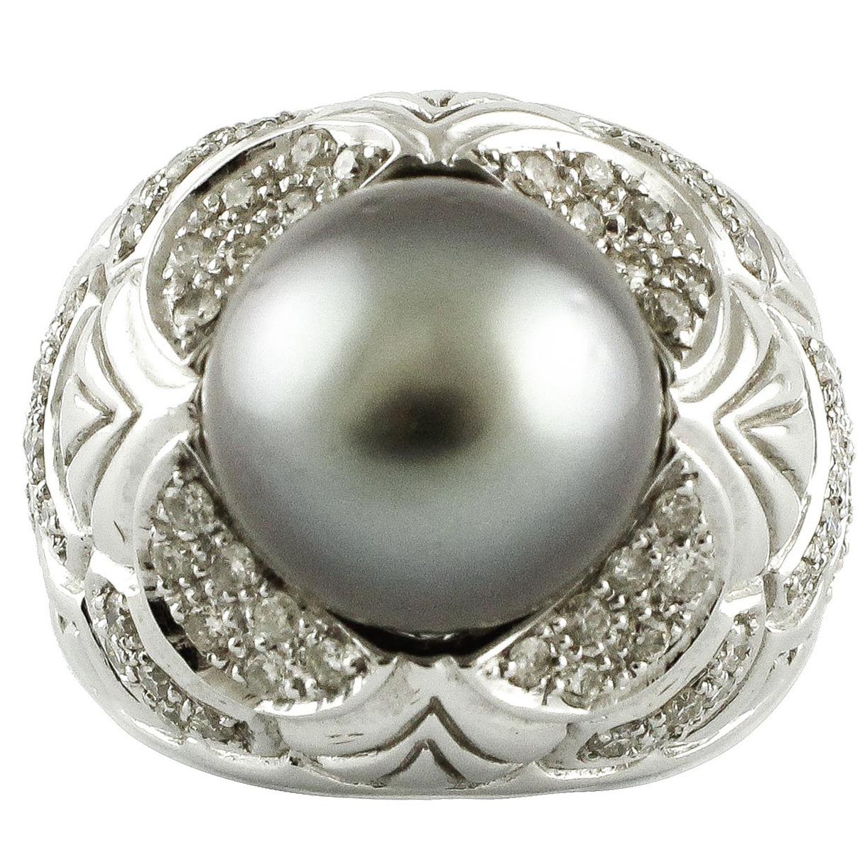 Grey Pearl, Diamonds, 14 Karat White Gold Cluster Ring.