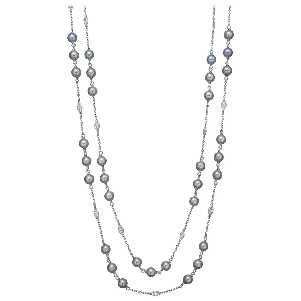 Diamond and Gray Pearl Long Chain Necklace For Sale