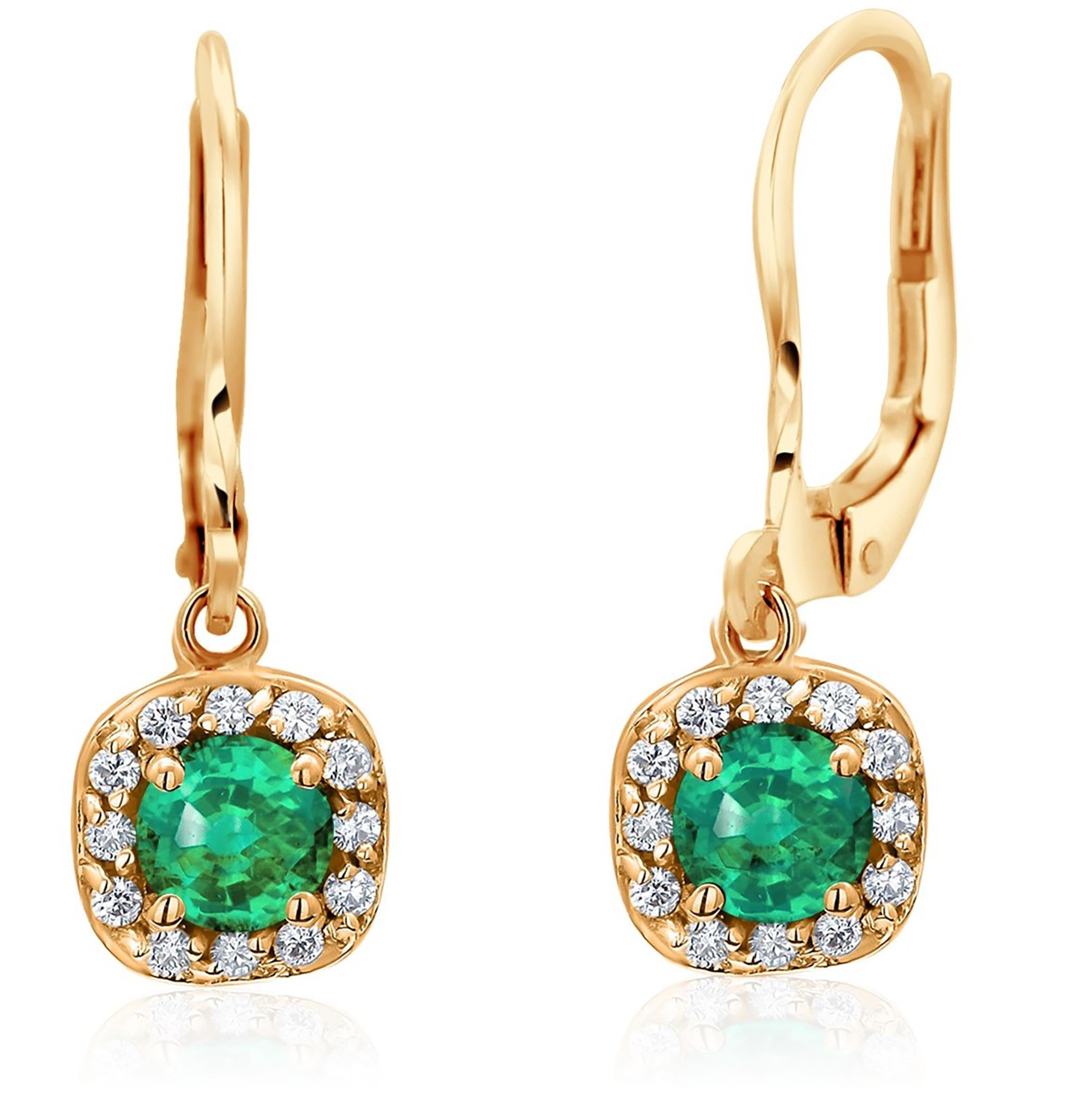 Round Cut Diamond Green Emerald 1.15 Carat Yellow Gold Halo 1 Inch Long Leverback Earrings For Sale