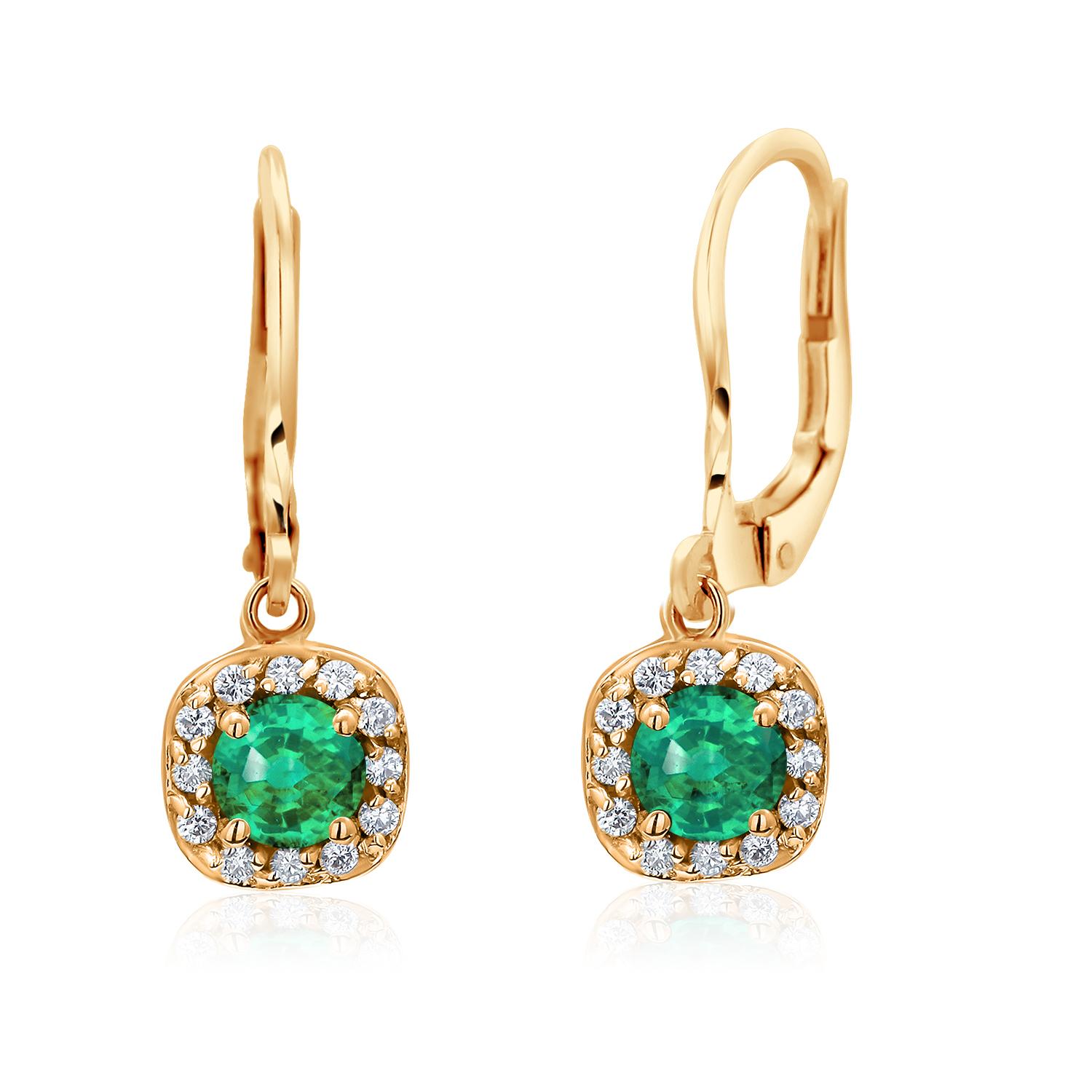 Diamant-grüner Smaragd 1,15 Karat Gelbgold Halo 1 Zoll lange Klappbrisur-Ohrringe im Angebot 1