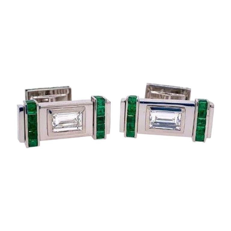 Diamond and Green Emerald Cufflinks For Sale