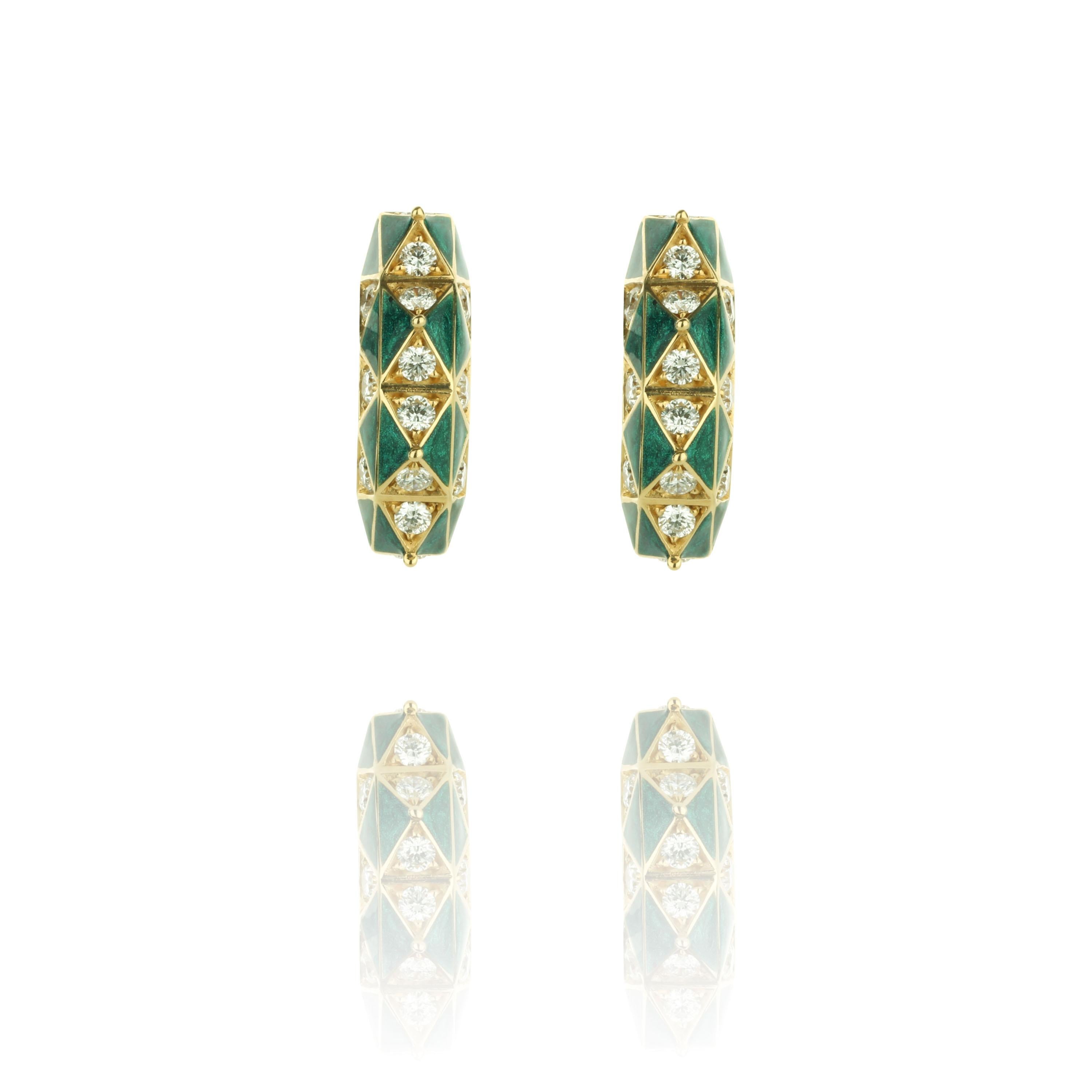 A Pair of Diamond and Enamel Gold Earrings in the Candy Collection by Jewelry Designer, Sarah Ho.

The enamel earrings are part of the colorful Candy collection. Bright enamels and diamonds in tessellating shapes form bold shapes in rings and