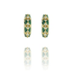 Gold Diamond and Green Enamel Hoop Earrings