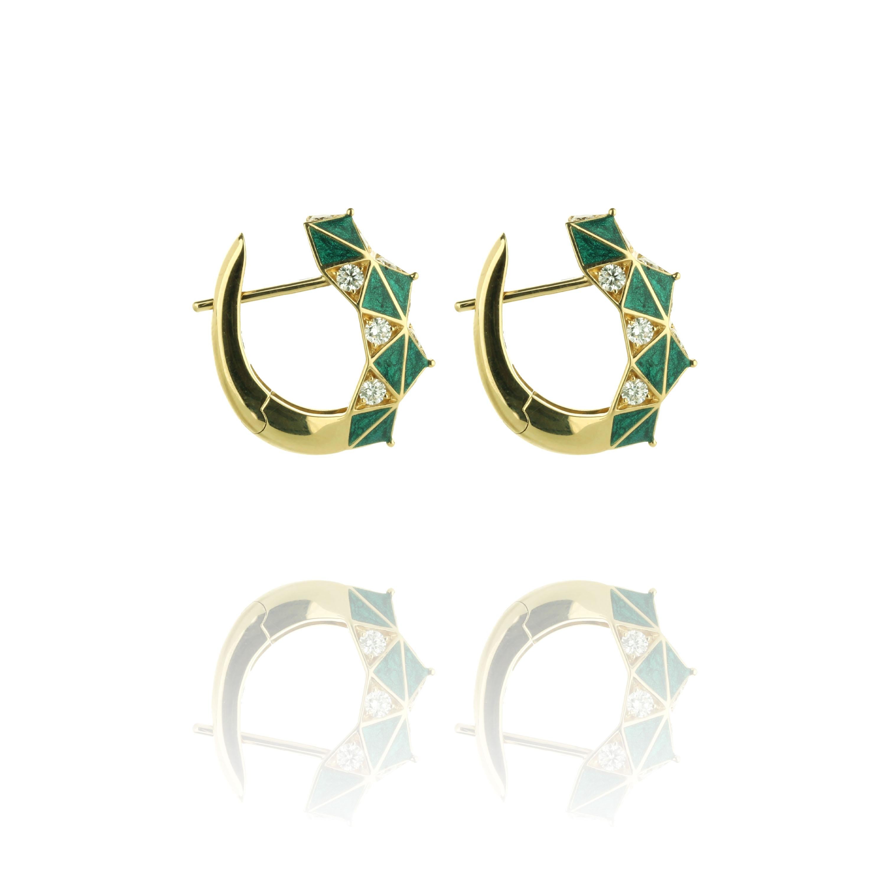 Contemporary Gold Diamond and Green Enamel Hoop Earrings For Sale
