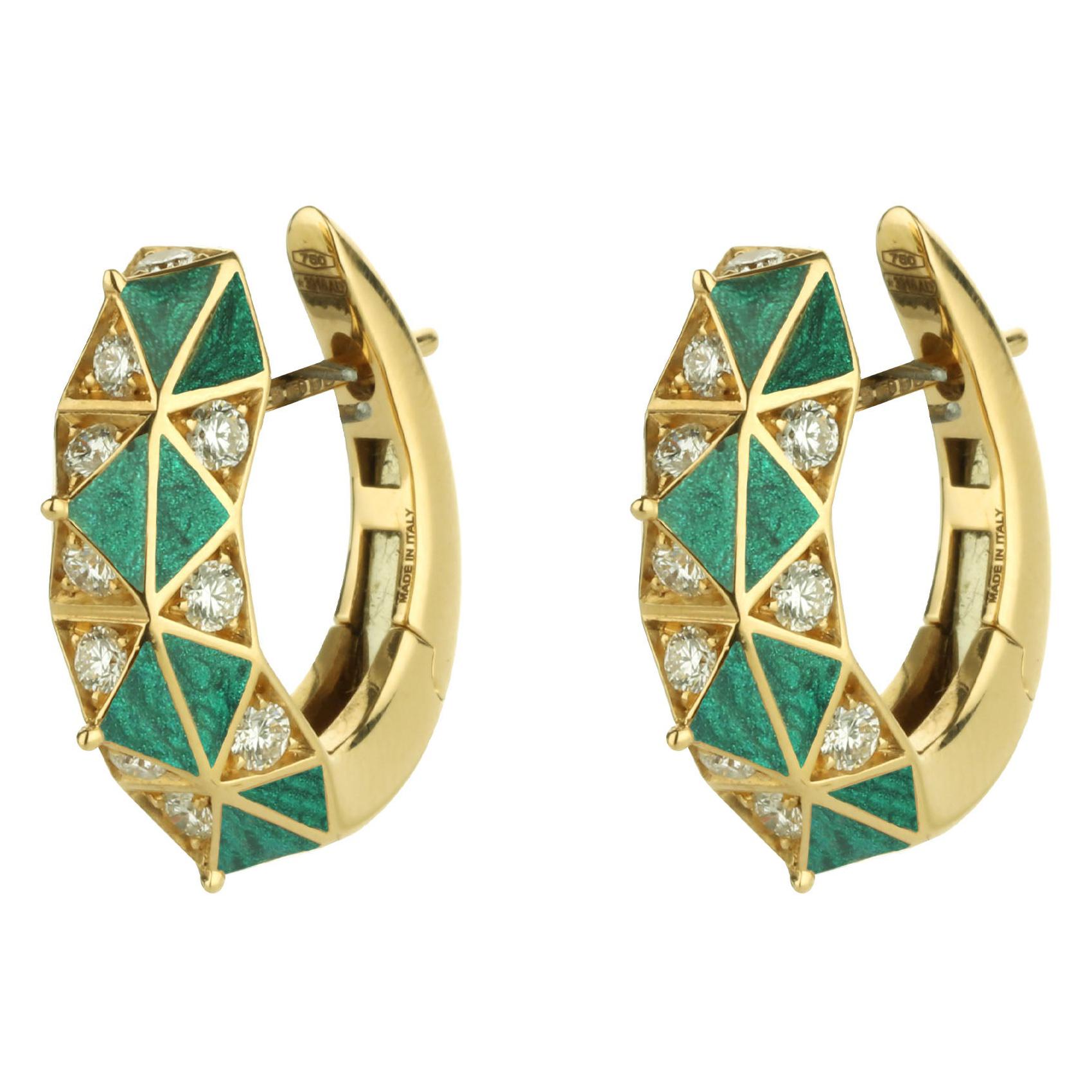 Gold Diamond and Green Enamel Hoop Earrings For Sale