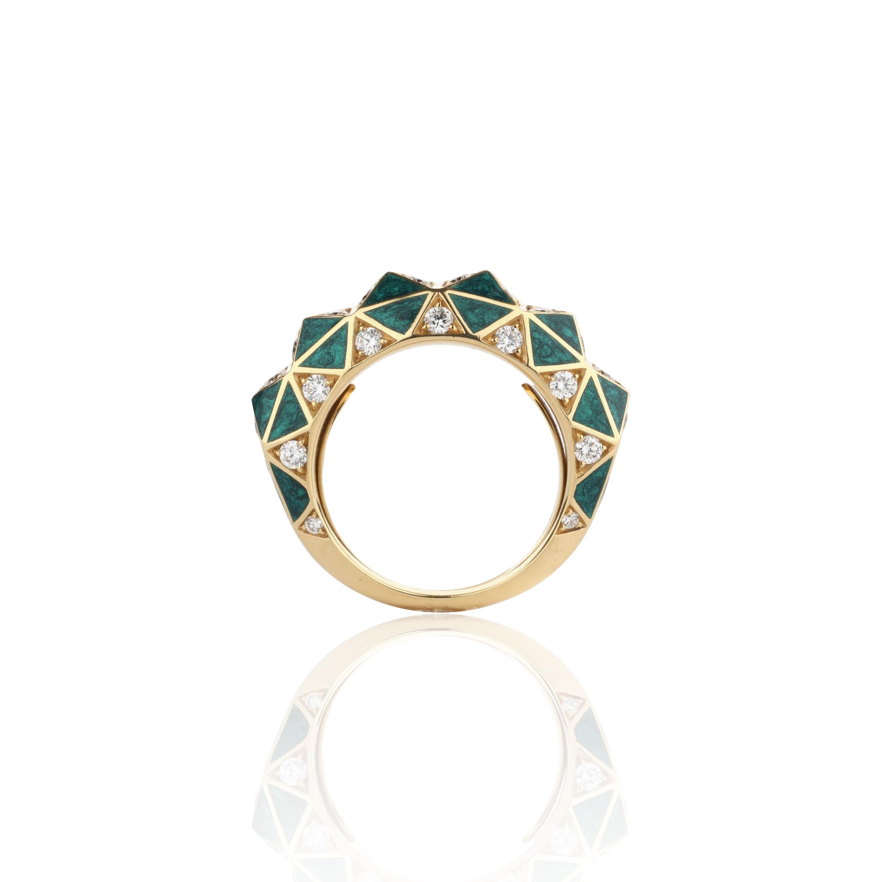 Contemporary Diamond and Green Enamel Stack Ring For Sale