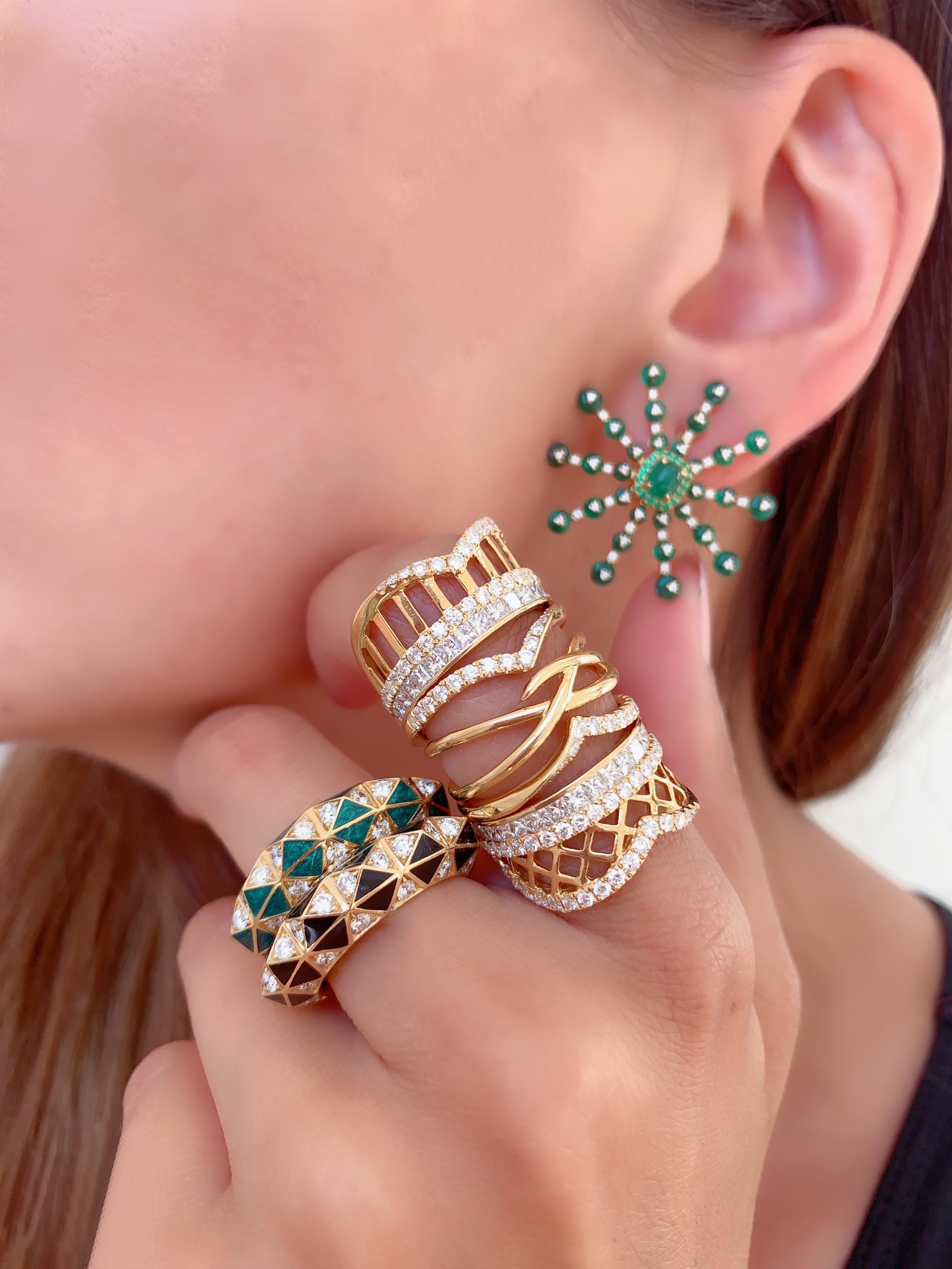 A Diamond and Enamel Gold Ring in the Candy Collection by Jewelry Designer, Sarah Ho.
This enamel ring is part of the colorful Candy collection. 

Bright enamels and diamonds in tessellating shapes form bold shapes in rings and earrings.  Available